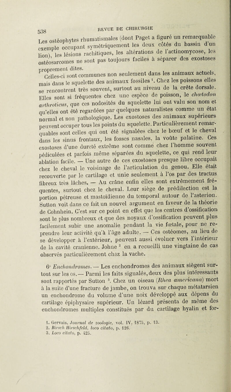 T pg ostéopbvtes rhumatismales (dont Paget a figuré un remarquable exemple occupant symétriquement les deux côtés du bassin d’un lion) les lésions rachitiques, les altérations de 1 actinomycose, les ostéosarcomes ne sont pas toujours faciles à séparer des exostoses proprement dites. . . , Celles-ci «ont communes non seulement dans les animaux actuels, mais dans le squelette des animaux fossiles L Chez les poissons elles se rencontrent très souvent, surtout au niveau de la crête dorsale. Elles sont si fréquentes chez une espèce de poisson, le chœtodon arthroticus, que ces nodosités du squelette lui ont valu son nom et qu’elles ont été regardées par quelques naturalistes comme un état normal et non pathologique. Les exostoses des animaux supérieurs peuvent occuper tous les points du squelette. Particulièrement remar¬ quables sont celles qui ont été signalées chez le bœuf et le cheval dans les sinus frontaux, les fosses nasales, la voûte palatine. Ces exostoses d’une dureté extrême sont comme chez l’homme souvent pédiculées et parfois même séparées du squelette, ce qui rend leur ablation facile. — Une autre de ces exostoses presque libre occupait chez le cheval le voisinage de l’articulation du genou. Elle était recouverte par le cartilage et unie seulement à l’os par des tractus fibreux très lâches. — Au crâne enfin elles sont extrêmement fré¬ quentes, surtout chez le cheval. Leur siège de prédilection est la portion pétreuse et mastoïdienne du temporal autour do lasterion. Sutton voit dans ce fait un nouvel argument en faveur de la théorie de Cohnhein. C’est sur ce point en effet que les centres d’ossification sont le plus nombreux et que des noyaux d’ossification peuvent plus facilement subir une anomalie pendant la vie fœtale, pour ne re¬ prendre leur activité qu’à l’âge adulte. — Ces ostéomes, au lieu de se développer à l’extérieur, peuvent aussi évoluer vers 1 intérieur de la cavité crânienne. Johne 1 2 en a recueilli une vingtaine de cas observés particulièrement chez la vache. 6° Enchondrornes. — Les enchondromes des animaux siègent sur¬ tout sur les os.— Parmi les faits signalés, deux des plus intéressants sont rapportés par Sutton 3. Chez un oiseau (Rhea americano) mort à la suite d’une fracture de jambe, on trouva sur chaque métatarsien un enchondrome du volume d’une noix développé aux dépens du cartilage épiphysaire supérieur. Un lézard présenta de même des enchondromes multiples constitués par du cartilage hyalin et for- 1. Gervais, Journal de zoologie, vol. IV. 1875, p. 13. 2. Birsch Hirschfeld, loco citato, p. 126.