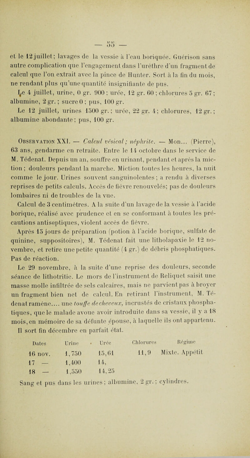 et le 12juillet; lavages de la vessie à l’eau boriquée. Guérison sans autre complication que l’engagement dans l’urèthre d'un fragment de calcul que l’on extrait avec la pince de Hunter. Sort à la fin du mois, ne rendant plus qu’une quantité insignifiante de pus. Le 4 juillet, urine, 0 gr. 900 ; urée, 12 gr. 60 ; chlorures 5 gr. 67 ; albumine, 2 gr. ; sucre 0 ; pus, 100 gr. Le 12 juillet, urines 1500 gr. ; urée, 22 gr. 4; chlorures, 12 gr. ; albumine abondante ; pus, 100 gr. Observation XXI. — Calcul vésical; néphrite. — Mon... (Pierre), 63 ans, gendarme en retraite. Entre le 14 octobre dans le service de M. Tédenat. Depuis un an, souffre en urinant, pendant et après la mic¬ tion ; douleurs pendant la marche. Miction toutes les heures, la nuit comme le jour. Urines souvent sanguinolentes; a rendu à diverses reprises de petits calculs. Accès de fièvre renouvelés; pas de douleurs lombaires ni de troubles de la vue. Calcul de 3 centimètres. A la suite d’un lavage de la vessie à l'acide borique, réalisé avec prudence et en se conformant à toutes les pré¬ cautions antiseptiques, violent accès de fièvre. Après 15 jours de préparation (potion à l’acide borique, sulfate de quinine, suppositoires), M. Tédenat fait une litholapaxie le 12 no¬ vembre, et retire une petite quantité (4 gr.) de débris phosphatiques. Pas de réaction. Le 29 novembre, à la suite d’une reprise des douleurs, seconde séance de lithotritie. Le mors de l'instrument de Reliquet saisit une masse molle infiltrée de sels calcaires, mais ne parvient pas à broyer un fragment bien net de calcul. En retirant l’instrument, M. Té¬ denat ramène.... une touffe decheveux, incrustés de cristaux phospha¬ tiques, que le malade avoue avoir introduite dans sa vessie, il y a 18 mois, en mémoire de sa défunte épouse, à laquelle ils ont appartenu. Il sort fin décembre en parfait état. Dates Urine • Urée Chlorures Régime 16 nov. 1,750 15,61 11,9 Mixte. Appétit 17 — 1,400 14, 18 — 1,550 14,25