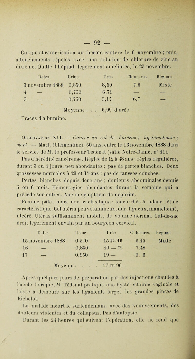 attouchements répétés avec une solution de chlorure de zinc au dixième. Quitte l'hôpital, légèrement améliorée, le 25 novembre. Dates Urine 3 novembre 1888 0,850 4 — 0,750 5 — 0,750 Moyenne . Traces d’albumine. Urée Chlorures Régime 8,50 7,8 Mixte 6,71 — — 5,17 6,7 — 6,99 d’urée Observation XLI. — Cancer du col de U utérus ; hystérectomie ; mort. — Mart. (Clémentine), 50 ans, entre le 13 novembre 1888 dans le service de M. le professeur Tédenat (salle Notre-Dame, n° 11). Pas d’hérédité cancéreuse. Réglée de 12 à 48 ans ; règles régulières, durant 3 ou 4 jours, peu abondantes ; pas de pertes blanches. Deux grossesses normales à 29 et 34 ans ; pas de fausses couches. Pertes blanches depuis deux ans ; douleurs abdominales depuis 5 ou 6 mois. Hémorragies abondantes durant la semaine qui a précédé son entrée. Aucun symptôme de néphrite. Femme pâle, mais non cachectique ; leucorrhée à odeur fétide caractéristique. Col utérin peu volumineux, dur, ligneux, mamelonné, ulcéré. Utérus suffisamment mobile, de volume normal. Cul-de-sac droit légèrement envahi par un bourgeon cervical. Dates Urine Urée Chlorures Régime 15 novembre 1888 0,570 15 gr. 16 6,15 Mixte 16 — 0,850 19 — 72 7,48 17 — 0,950 19 — 9, 6 Moye nne. . 17 gr- 96 Après quelques jours de préparation par des injections chaudes à l’acide borique, M. Tédenat pratique une hystérectomie vaginale et laisse à demeure sur les ligaments larges les grandes pinces de Richelot. ha malade meurt le surlendemain, avec des vomissements, des douleurs violentes et du collapsus. Pas d’autopsie. Durant les 24 heures qui suivent l’opération, elle ne rend que