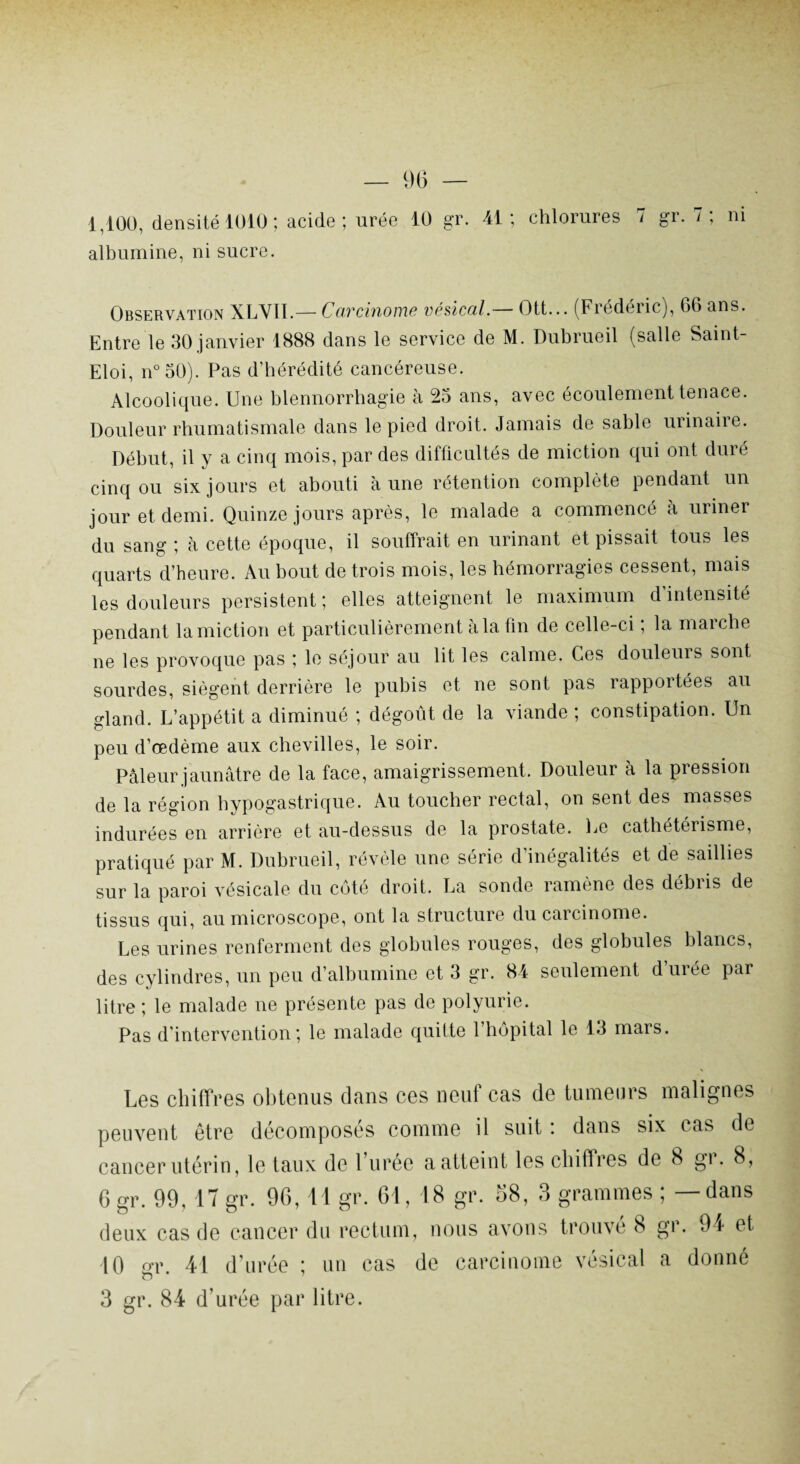 1,100, densité 1010 ; acide ; urée 10 gr. 41 ; chlorures i gr. 7 , ni albumine, ni sucre. Observation XLV1I.— Cavcinovcic vésical.— Ott... (Frédéiic), 66 ans. Entre le 30 janvier 1888 dans le service de M. Dubrueil (salle Saint- Eloi, n° 30). Pas d’hérédité cancéreuse. Alcoolique. Une blennorrhagie à 23 ans, avec écoulement tenace. Douleur rhumatismale dans le pied droit. Jamais de sable urinaire. Début, il y a cinq mois, par des difficultés de miction qui ont dure cinq ou six jours et abouti à une rétention complète pendant un jour et demi. Quinze jours après, le malade a commencé à uriner du sang ; à cette époque, il souffrait en urinant et pissait tous les quarts d’heure. Au bout de trois mois, les hémorragies cessent, mais les douleurs persistent ; elles atteignent le maximum d’intensité pendant la miction et particulièrement à la fin de celle-ci ; la marche ne les provoque pas ; le séjour au lit les calme. Ces douleurs sont sourdes, siègent derrière le pubis et ne sont pas rapportées au gland. L’appétit a diminué ; dégoût de la viande ; constipation. Un peu d’œdème aux chevilles, le soir. Pâleur jaunâtre de la face, amaigrissement. Douleur à la pression de la région hypogastrique. Au toucher rectal, on sent des masses indurées en arrière et au-dessus de la prostate. Le cathétérisme, pratiqué par M. Dubrueil, révèle une série d’inégalités et de saillies sur la paroi vésicale du côté droit. La sonde ramène des débris de tissus qui, au microscope, ont la structure du carcinome. Les urines renferment des globules rouges, des globules blancs, des cylindres, un peu d’albumine et 3 gr. 84 seulement d’urée par litre ; le malade ne présente pas de polyurie. Pas d’intervention; le malade quitte l’hôpital le 13 mars. Les chiffres obtenus dans ces neuf cas de tumeurs malignes peuvent être décomposés comme il suit : dans six cas de cancer utérin, le taux de 1 urée a atteint les chiffres de 8 gr. 8, 6 gr. 99, 17 gr. 96, 11 gr. 61, 18 gr. 58, 3 grammes ; — dans deux cas de cancer du rectum, nous avons trouve 8 gi. 94 et 10 pt 41 d urée ; un cas de carcinome vésical a donné 3 gr. 84 d’urée par litre.