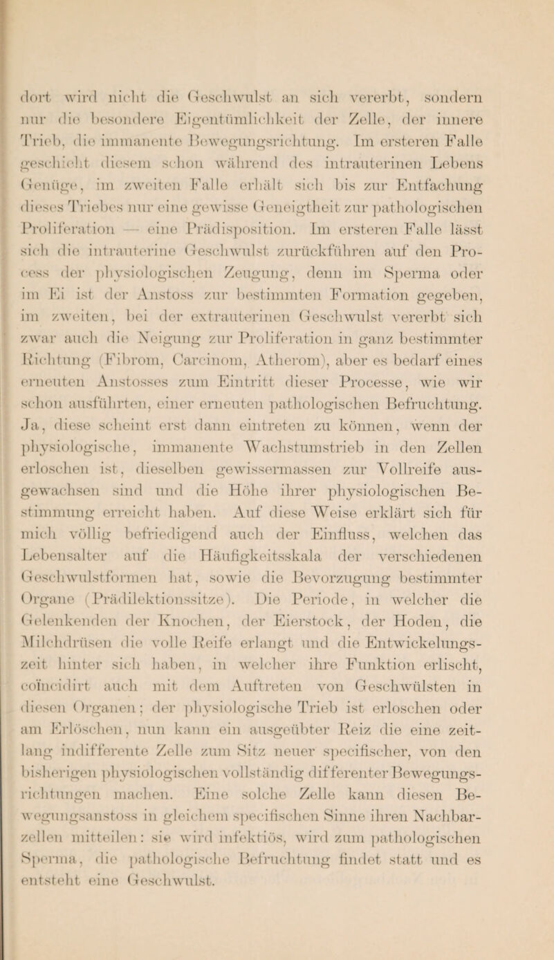 dort wird nicht die (tesehwillst an sich vererbt, sondern nur die besondere Eigentümlichkeit der Zelle, der innere Trieb, die immanente Bewegungsrichtung. Im ersteren Falle geschieht diesem schon während des intrauterinen Lebens (leidige, im zweiten Falle erhält sich bis zur Fntfachung dieses Triebes nur eine gewisse (leneigtheit zur pathologischen Proliferation — eine Prädisposition. Im ersteren Falle lässt sich die intrauterine Geschwulst zurückführen auf den Pro- cess der physiologischen Zeugung, denn im Sperma oder im Fi ist der Anstoss zur bestimmten Formation gegeben, im zweiten, bei der extrauterinen Geschwulst vererbt sich zwar auch die- Neigung zur Proliferation in ganz bestimmter Richtung (Fibrom, Carcinom, Atherom), aber es bedarf eines erneuten Anstosses zum Eintritt dieser Processe, wie Avir schon ausführten, einer erneuten pathologischen Befruchtung. Ja, diese scheint erst dann eintreten zu können, wenn der physiologische, immanente Wachstumstrieb in den Zellen erloschen ist, dieselben gewissermassen zur Vollreife aus¬ gewachsen sind und die Höhe ihrer physiologischen Be¬ stimmung erreicht haben. Auf diese Weise erklärt sich für mich völlig befriedigend auch der Einfluss, welchen das Lebensalter auf die Häufigkeitsskala der verschiedenen Geschwulstformen hat, sowie die Bevorzugung bestimmter Organe (Prädilektionssitze). Hie Periode, in welcher die Gelenkenden der Knochen, der Eierstock, der Hoden, die Milchdrüsen die volle Reife erlangt und die Entwickelungs¬ zeit hinter sich haben, in welcher ihre Funktion erlischt, coincidirt auch mit dem Auftreten von Geschwülsten in diesen Organen; der physiologische Trieb ist erloschen oder am Erlöschen, nun kann ein ausgeübter Reiz die eine zeit- lang indifferente Zelle zum Sitz neuer specifischer, von den bisherigen physiologischen vollständig differenter Bewegungs¬ richtungen machen. Eine solche Zelle kann diesen Be- wegungsanstoss in gleichem specifischen Sinne ihren Nachbar¬ zellen mitteilen: sie wird infektiös, wird zum pathologischen Sperma, die pathologische Befruchtung findet statt und es entsteht eine Geschwulst.