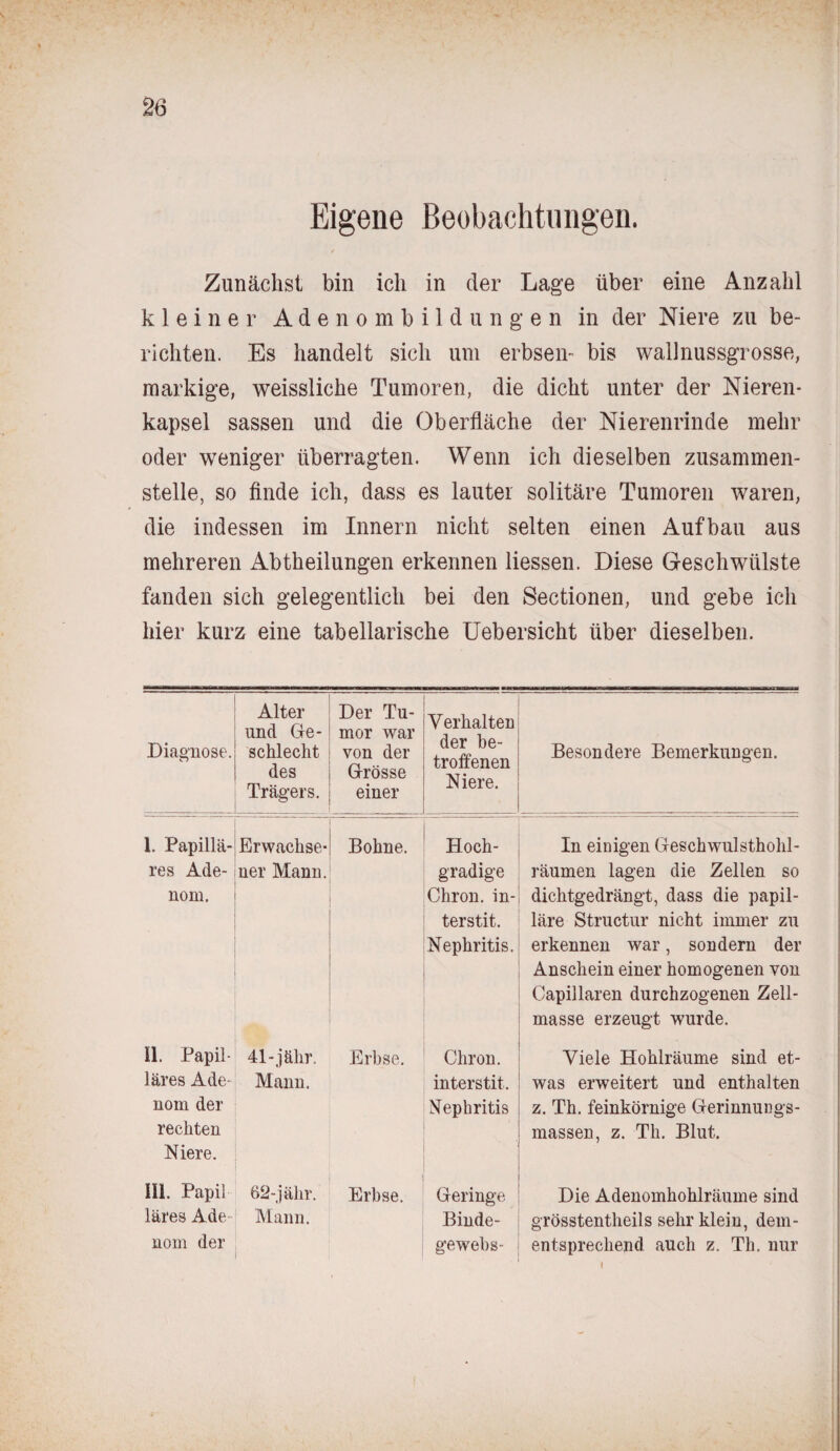 Eigene Beobachtungen. Zunächst bin ich in der Lage über eine Anzahl kleiner Adenombildungen in der Niere zu be¬ richten. Es handelt sich um erbsen- bis wallnussgrosse, markige, weissliche Tumoren, die dicht unter der Nieren¬ kapsel sassen und die Oberfläche der Nierenrinde mehr oder weniger überragten. Wenn ich dieselben zusammen¬ stelle, so finde ich, dass es lauter solitäre Tumoren waren, die indessen im Innern nicht selten einen Aufbau aus mehreren Abtheilungen erkennen Hessen. Diese Geschwülste fanden sich gelegentlich bei den Sectionen, und gebe ich hier kurz eine tabellarische Uebersicht über dieselben. Diagnose. Alter und Ge¬ schlecht des Trägers. Der Tu¬ mor war von der Grösse einer Verhalten der be¬ troffenen Niere. Besondere Bemerkungen. 1. Papillä¬ res Ade¬ nom. Erwachse¬ ner Mann. Bohne. Hoch¬ gradige Chron. in- terstit. Nephritis. In einigen Geschwulsthohl¬ räumen lagen die Zellen so dichtgedrängt, dass die papil¬ läre Structur nicht immer zu erkennen war, sondern der Anschein einer homogenen von Capillaren durchzogenen Zell¬ masse erzeugt wurde. 11. Papil¬ läres Ade¬ nom der rechten Niere. 41-j ähr. Mann. Erbse. Chron. interstit. Nephritis Viele Hohlräume sind et¬ was erweitert und enthalten z. Th. feinkörnige Gerinnungs¬ massen, z. Th. Blut. 111. Papil läres Ade nom der 62-jähr. Mann. Erbse. Geringe Binde¬ gewebs- Die Adenomhohlräume sind grösstentheils sehr klein, dem¬ entsprechend auch z. Th. nur i