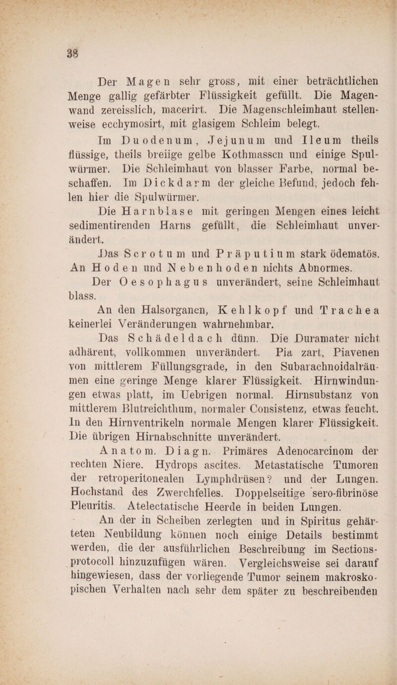 Der Magen sehr gross, mit einer beträchtlichen Menge gallig gefärbter Flüssigkeit gefüllt. Die Magen- wand zereisslich, macerirt. Die Magenschleimhaut stellen¬ weise ecchymosirt, mit glasigem Schleim belegt. Im Duodenum, Jejunum und Ile um theils flüssige, theils breiige gelbe Kothmasscn und einige Spul¬ würmer. Die Schleimhaut von blasser Farbe, normal be¬ schaffen. Im Dickdarm der gleiche Befund, jedoch feh¬ len hier die Spulwürmer. Die Harnblase mit geringen Mengen eines leicht sedimentirenden Harns gefüllt, die Schleimhaut unver¬ ändert. Das S c r o t u m und P r ä p u t i u m stark ödematös. An Hode n und N ebenhoden nichts Abnormes. Der Oesophagus unverändert, seine Schleimhaut blass. An den Halsorganen, Kehlkopf und Trachea keinerlei Veränderungen wahrnehmbar. Das Schädeldach dünn. Die Duramater nicht adhärent, vollkommen unverändert. Pia zart, Piavenen von mittlerem Füllungsgrade, in den Subarachnoidalräu¬ men eine geringe Menge klarer Flüssigkeit. Hirnwindun¬ gen etwas platt, im Uebrigen normal. Hirnsubstanz von mittlerem Blutreichthum, normaler Consistenz, etwas feucht. In den Hirnventrikeln normale Mengen klarer Flüssigkeit. Die übrigen Hirnabschnitte unverändert. Anatom. D i a g n. Primäres Adenocarcinom der rechten Niere. Hydrops ascites. Metastatische Tumoren der retroperitonealen Lymphdrüsen? und der Lungen. Hochstand des Zwerchfelles. Doppelseitige sero-fibrinöse Pleuritis. Atelectatische Heerde in beiden Lungen. An der in Scheiben zerlegten und in Spiritus gehär¬ teten Neubildung können noch einige Details bestimmt werden, die der ausführlichen Beschreibung im Sections- protocoll hinzuzufügen wären. Vergleichsweise sei darauf hingewiesen, dass der vorliegende Tumor seinem makrosko¬ pischen Verhalten nach sehr dem später zu beschreibenden