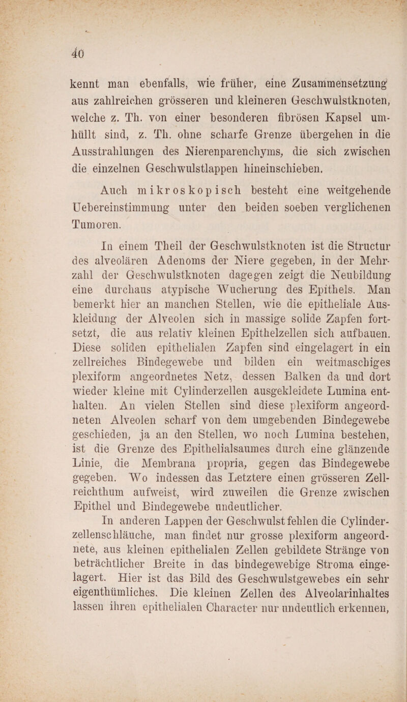 kennt man ebenfalls, wie früher, eine Zusammensetzung aus zahlreichen grösseren und kleineren Geschwulstknoten, welche z. Th. von einer besonderen fibrösen Kapsel um¬ hüllt sind, z. Th. ohne scharfe Grenze übergehen in die Ausstrahlungen des Nierenparenchyms, die sich zwischen die einzelnen Geschwulstlappen hineinschieben. Auch mikroskopisch besteht eine weitgehende Uebereinstimmung unter den beiden soeben verglichenen Tumoren. In einem Theil der Geschwulstknoten ist die Structur des alveolären Adenoms der Niere gegeben, in der Mehr¬ zahl der Geschwulstknoten dagegen zeigt die Neubildung eine durchaus atypische 'Wucherung des Epithels. Man bemerkt hier an manchen Stellen, wie die epitheliale Aus¬ kleidung der Alveolen sich in massige solide Zapfen fort¬ setzt, die aus relativ kleinen Epithelzellen sich aufbauen. Diese soliden epithelialen Zapfen sind eingelagert in ein zellreiches Bindegewebe und bilden ein weitmaschiges plexiform angeordnetes Netz, dessen Balken da und dort wieder kleine mit Cylinderzellen ausgekleidete Lumina ent¬ halten. An vielen Stellen sind diese plexiform angeord¬ neten Alveolen scharf von dem umgebenden Bindegewebe geschieden, ja an den Stellen, wo noch Lumina bestehen, ist die Grenze des Epithelialsaumes durch eine glänzende Linie, die Membrana propria, gegen das Bindegewebe gegeben. Wo indessen das Letztere einen grösseren Zell¬ reichthum aufweist, wird zuweilen die Grenze zwischen Epithel und Bindegewebe undeutlicher. In anderen Lappen der Geschwulst fehlen die Cylinder- zellenschläuche, man findet nur grosse plexiform angeord¬ nete, aus kleinen epithelialen Zellen gebildete Stränge von beträchtlicher Breite in das bindegewebige Stroma einge¬ lagert. Hier ist das Bild des Geschwulstgewebes ein sehr eigentümliches. Die kleinen Zellen des Alveolarinhaltes lassen ihren epithelialen Character nur undeutlich erkennen,