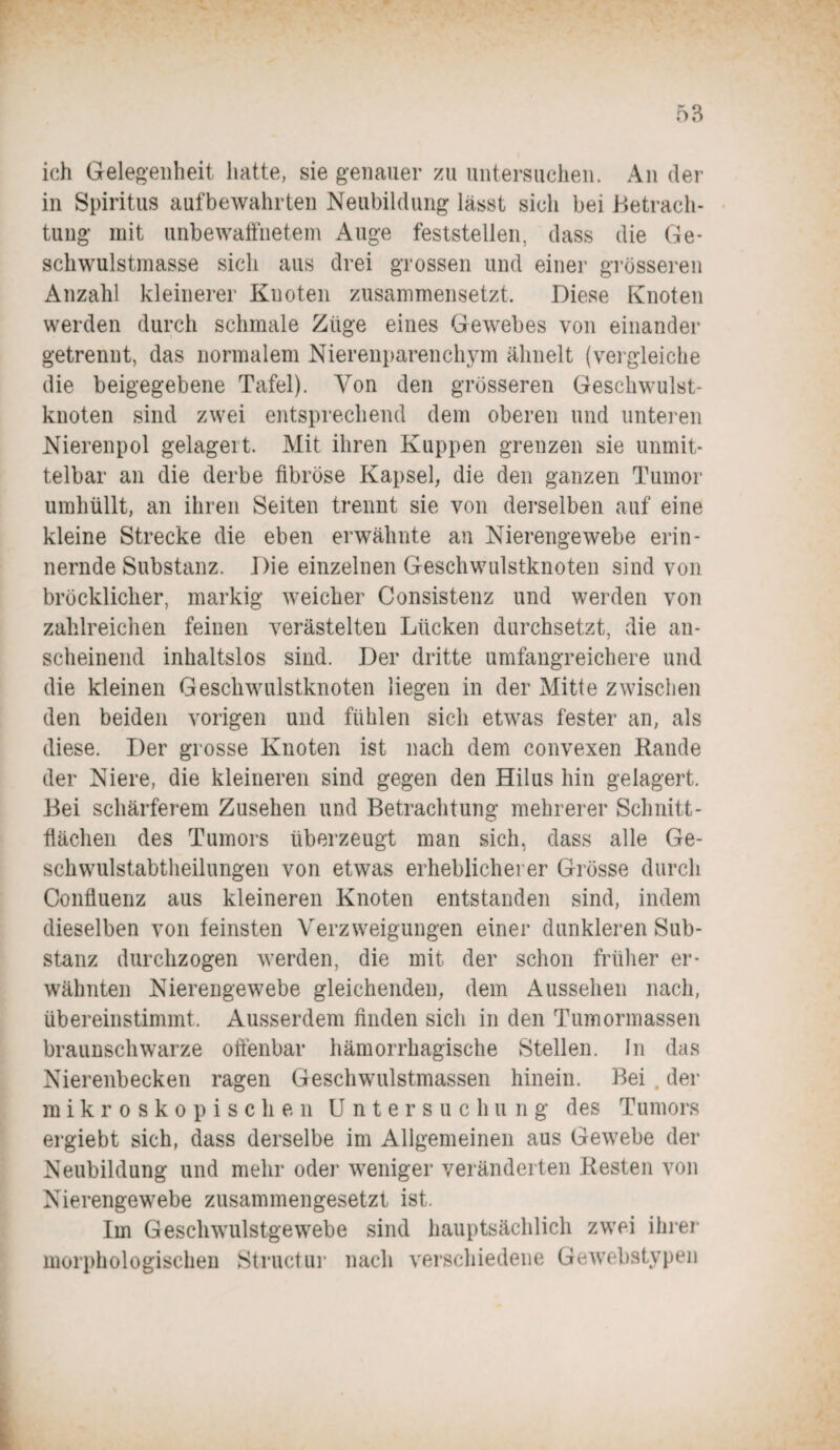 ich Gelegenheit hatte, sie genauer zu untersuchen. An der in Spiritus auf bewahr teil Neubildung lässt sich bei Betrach¬ tung mit unbewaffnetem Auge feststellen, dass die Ge¬ schwulstmasse sich aus drei grossen und einer grösseren Anzahl kleinerer Knoten zusammensetzt. Diese Knoten werden durch schmale Züge eines Gewebes von einander getrennt, das normalem Nierenparenchym ähnelt (vergleiche die beigegebene Tafel). Von den grösseren Geschwulst¬ knoten sind zwei entsprechend dem oberen und unteren Nierenpol gelagert. Mit ihren Kuppen grenzen sie unmit¬ telbar an die derbe fibröse Kapsel, die den ganzen Tumor umhüllt, an ihren Seiten trennt sie von derselben auf eine kleine Strecke die eben erwähnte an Nierengewebe erin¬ nernde Substanz. Die einzelnen Geschwulstknoten sind von bröckliclier, markig weicher Consistenz und werden von zahlreichen feinen verästelten Lücken durchsetzt, die an¬ scheinend inhaltslos sind. Der dritte umfangreichere und die kleinen Geschwulstknoten liegen in der Mitte zwischen den beiden vorigen und fühlen sich etwas fester an, als diese. Der grosse Knoten ist nach dem convexen Rande der Niere, die kleineren sind gegen den Hilus hin gelagert. Bei schärferem Zusehen und Betrachtung mehrerer Schnitt¬ flächen des Tumors überzeugt man sich, dass alle Ge- schwulstabtheilimgen von etwas erheblicherer Grösse durch Confluenz aus kleineren Knoten entstanden sind, indem dieselben von feinsten Verzweigungen einer dunkleren Sub¬ stanz durchzogen werden, die mit der schon früher er¬ wähnten Nierengewebe gleichenden, dem Aussehen nach, übereinstimmt. Ausserdem finden sich in den Tumormassen braunschwarze offenbar hämorrhagische Stellen. In das Nierenbecken ragen Geschwulstmassen hinein. Bei . der mikroskopischen Untersuchung des Tumors ergiebt sich, dass derselbe im Allgemeinen aus Gewebe der Neubildung und mehr oder weniger veränderten Resten von Nierengewebe zusammengesetzt ist. Im Geschwulstgewebe sind hauptsächlich zwei ihrer morphologischen Structur nach verschiedene Gewebstypen