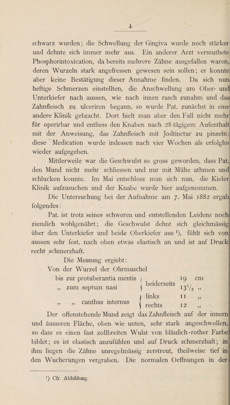 schwarz wurden; die Schwellung der Gingiva wurde noch stärker und dehnte sich immer mehr aus. Ein anderer Arzt vermuthete Phosphorintoxication, da bereits mehrere Zähne ausgefallen waren,! deren Wurzeln stark angefressen gewesen sein sollen; er konnte! aber keine Bestätigung dieser Annahme finden. Da sich nun heftige Schmerzen einstellten, die Anschwellung am Ober- und Unterkiefer nach aussen, wie nach innen rasch zunahm und das. Zahnfleisch zu ulceriren begann, so wurde Pat. zunächst in eine andere Klinik gebracht. Dort hielt man aber den Fall nicht mehr für operirbar und entliess den Knaben nach 28 tägigem Aufenthalt: mit der Anweisung, das Zahnfleisch mit Jodtinctur zu pinseln: diese Medication wurde indessen nach vier Wochen als erfolglos wieder aufgegeben. Mittlerweile war die Geschwulst so gross geworden, dass Pat.; den Mund nicht mehr schliessen und nur mit Mühe athmen und schlucken konnte. Im Mai entschloss man sich nun, die Kieler Klinik aufzusuchen und der Knabe wurde hier aufgenommen. Die Untersuchung bei der Aufnahme am 7. Mai 1882 ergab folgendes: Pat. ist trotz seines schweren und entstellenden Leidens noch ziemlich wohlgenährt; die Geschwulst dehnt sich gleichmässig; über den Unterkiefer und beide Oberkiefer aus j), fühlt sich von: aussen sehr fest, nach oben etwas elastisch an und ist auf Druck: recht schmerzhaft. Die Messung ergiebt: Von der Wurzel der Ohrmuschel bis zur protuberantia mentis j 19 cm ■ beiderseits , , „ zum septum nasi j 13 12 » j links 11 „ ” ” canthus internus j rechts 12 „ Der offenstehende Mund zeigt das Zahnfleisch auf der innern und äusseren Fläche, oben wie unten, sehr stark angeschwollen, so dass es einen fast zollbreiten Wulst von bläulich-rother Farbe bildet; es ist elastisch anzufühlen und auf Druck schmerzhaft; in ihm liegen die Zähne unregelmässig zerstreut, theilweise tief in den Wucherungen vergraben. Die normalen Oeffnungen in den ') Cfr. Abbildung.