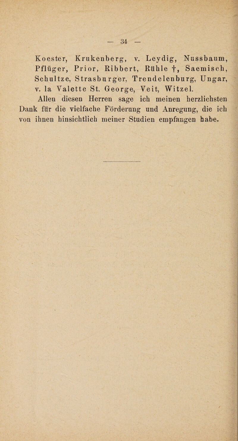 Koester, Krukenberg, v. Leydig, Nussbaum, Pflüger, Prior, Ribbert, Rühle f, Saemisch, Schultze, Strasburger, Trendelenburg, Ungar, v. la Valette St. George, Veit, Witzei. Allen diesen Herren sage ich meinen herzlichsten Dank für die vielfache Förderung und Anregung, die ich von ihnen hinsichtlich meiner Studien empfangen habe.