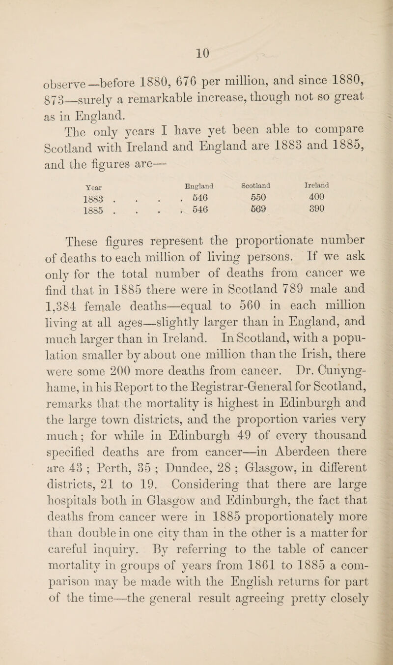 observe—before 1880, 676 per million, and since 1880, 873—surely a remarkable increase, tliougli not so great as in England. The only years I have yet been able to compare Scotland with Ireland and England are 1883 and 1885, and the figures are— Year England Scotland Ireland 1883 . . . .646 660 400 1886 . . . .646 669 390 These figures represent the proportionate number of deaths to each million of living persons. If we ask only for the total number of deaths from cancer we find that in 1885 there were in Scotland 789 male and 1,384 female deaths—equal to 560 in each million living at all ages—slightly larger than in England, and much larger than in Ireland. In Scotland, with a popu¬ lation smaller by about one million than the Irish, there were some 200 more deaths from cancer. Dr. Cunyng- hame, in his Eeport to the Eegistrar-General for Scotland, remarks that the mortality is highest in Edinburgh and the large town districts, and the proportion varies very much; for while in Edinburgh 49 of every thousand specified deaths are from cancer—in Aberdeen there are 43 ; Eerth, 35 ; Dundee, 28 ; Glasgow, in different districts, 21 to 19. Considering that there are large hospitals both in Glasgow and Edinburgh, the fact that deaths from cancer were in 1885 proportionately more than double in one city than in the other is a matter for careful inquiry. By referring to the table of cancer mortality in groups of years from 1861 to 1885 a com¬ parison may be made with the English returns for part of the time—the general result agreeing pretty closely