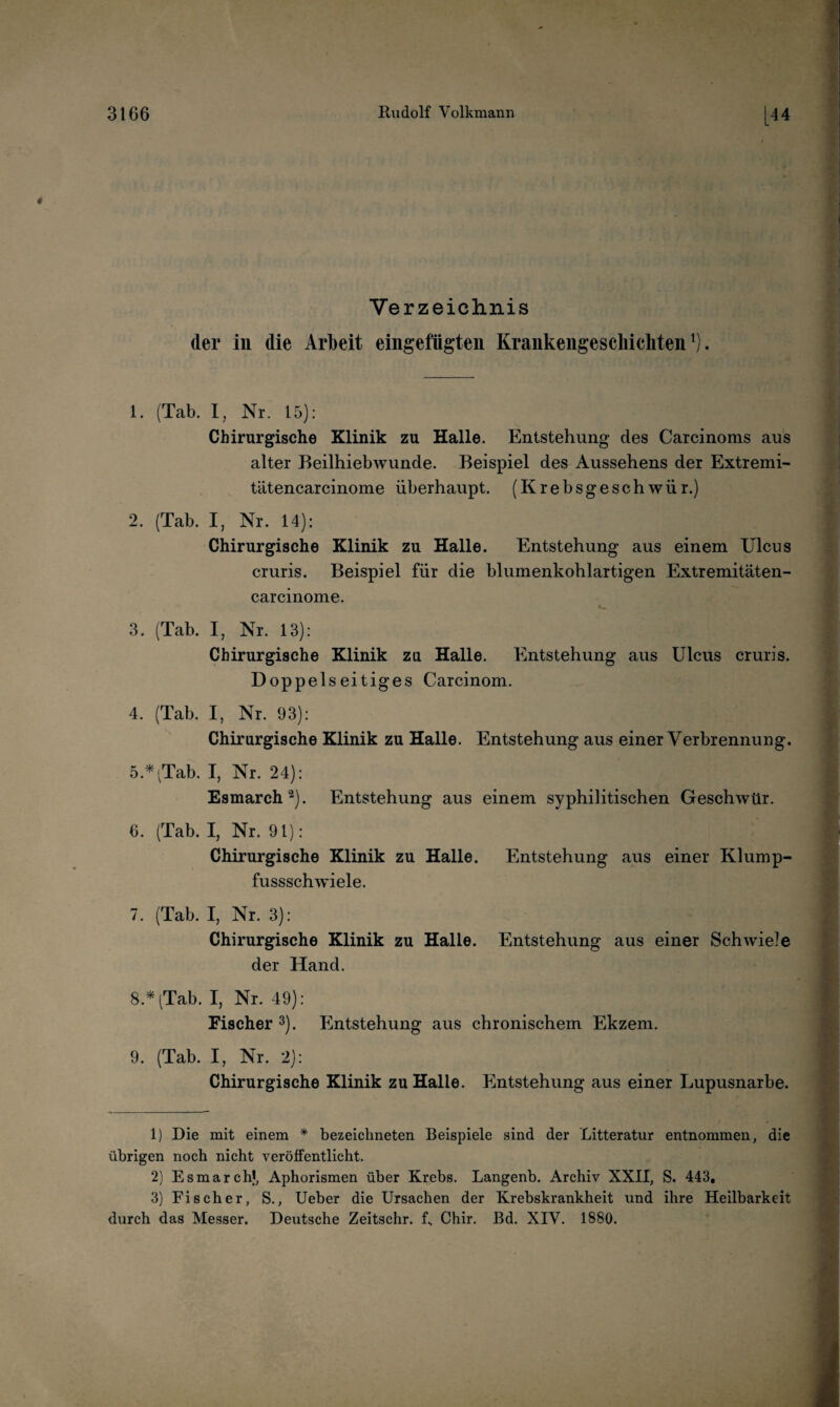 Verzeiclmis der in die Arbeit eingefügteii Krankengeschichten^). 1. (Tab. I, Nr. 15): Chirurgische Klinik zu Halle. Entstehung des Carcinoms aus alter Beilhiebwunde. Beispiel des Aussehens der Extremi- tätencarcinome überhaupt. (Krebsgeschwür.) 2. (Tab. I, Nr. 14): Chirurgische Klinik zu Halle. Entstehung aus einem Ulcus cruris. Beispiel für die blumenkohlartigen Extremitäten- carcinome. 3. (Tab. I, Nr. 13): Chirurgische Klinik zu Halle. Entstehung aus Ulcus cruris. Doppelseitiges Carcinom. 4. (Tab. I, Nr. 93): Chirurgische Klinik zu Halle. Entstehung aus einer Verbrennung. 5. *^Tab. I, Nr. 24): Esmarch^). Entstehung aus einem syphilitischen Geschwür. 6. (Tab. I, Nr. 91): Chirurgische Klinik zu Halle. Entstehung aus einer Klump- fussschwiele. 7. (Tab. I, Nr. 3): Chirurgische Klinik zu Halle. Entstehung aus einer Schwiele der Hand. 8. * (Tab. I, Nr. 49): Fischer ^). hlntstehung aus chronischem Ekzem. 9. (Tab. I, Nr. 2): Chirurgische Klinik zu Halle. Entstehung aus einer Lupusnarbe. 1) Die mit einem * bezeichneten Beispiele sind der Litteratur entnommen, die übrigen noch nicht veröffentlicht. 2) Esmarchj, Aphorismen über Krebs. Langenb. Archiv XXII, S. 443, 3) Fischer, S., lieber die Ursachen der Krebskrankheit und ihre Heilbarkeit durch das Messer. Deutsche Zeitschr. f., Chir. Bd. XIV. 1880.