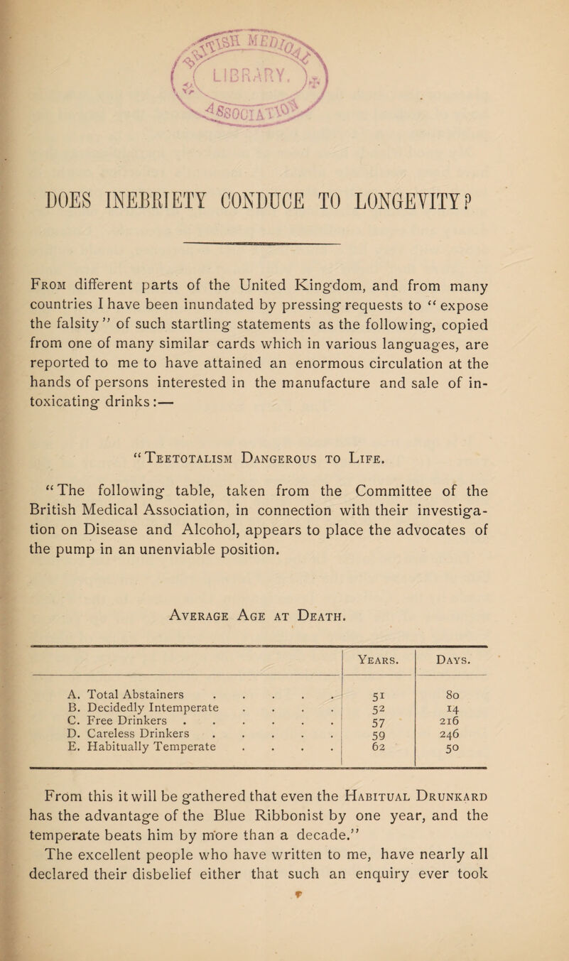 DOES INEBRIETY CONDUCE TO LONGEVITY? From different parts of the United Kingdom, and from many countries I have been inundated by pressing requests to “ expose the falsity ” of such startling statements as the following, copied from one of many similar cards which in various languages, are reported to me to have attained an enormous circulation at the hands of persons interested in the manufacture and sale of in¬ toxicating drinks:— “Teetotalism Dangerous to Life. “The following table, taken from the Committee of the British Medical Association, in connection with their investiga¬ tion on Disease and Alcohol, appears to place the advocates of the pump in an unenviable position. Average Age at Death. Years. Days. A. Total Abstainers ..... 51 80 B. Decidedly Intemperate .... 52 14 C. Free Drinkers ...... 57 216 D. Careless Drinkers ..... 59 246 E. Habitually Temperate .... 62 50 From this it will be gathered that even the Habitual Drunkard has the advantage of the Blue Ribbonist by one year, and the temperate beats him by more than a decade.” The excellent people who have written to me, have nearly all declared their disbelief either that such an enquiry ever took