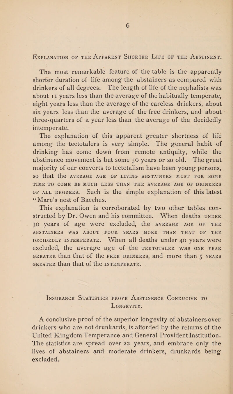 Explanation of the Apparent Shorter Life of the Abstinent. The most remarkable feature of the table is the apparently shorter duration of life among* the abstainers as compared with drinkers of all degrees. The length of life of the nephalists was about 11 years less than the average of the habitually temperate, eight years less than the average of the careless drinkers, about six years less than the average of the free drinkers, and about three-quarters of a year less than the average of the decidedly intemperate. The explanation of this apparent greater shortness of life among the teetotalers is very simple. The general habit of drinking has come down from remote antiquity, while the abstinence movement is but some 50 years or so old. The great majority of our converts to teetotalism have been young persons, so that the average age of living abstainers must for some TIME TO COME BE MUCH LESS THAN THE AVERAGE AGE OF DRINKERS of all degrees. Such is the simple explanation of this latest “Mare’s nest of Bacchus. This explanation is corroborated by two other tables con¬ structed by Dr. Owen and his committee. When deaths under 30 years of age were excluded, the average age of the ABSTAINERS WAS ABOUT FOUR YEARS MORE THAN THAT OF THE decidedly intemperate. When all deaths under 40 years were excluded, the average age of the teetotaler was one year greater than that of the free drinkers, and more than 5 years greater than that of the intemperate. Insurance Statistics prove Abstinence Conducive to Longevity. A conclusive proof of the superior longevity of abstainers over drinkers who are not drunkards, is afforded by the returns of the United Kingdom Temperance and General Provident Institution. The statistics are spread over 22 years, and embrace only the lives of abstainers and moderate drinkers, drunkards being excluded.