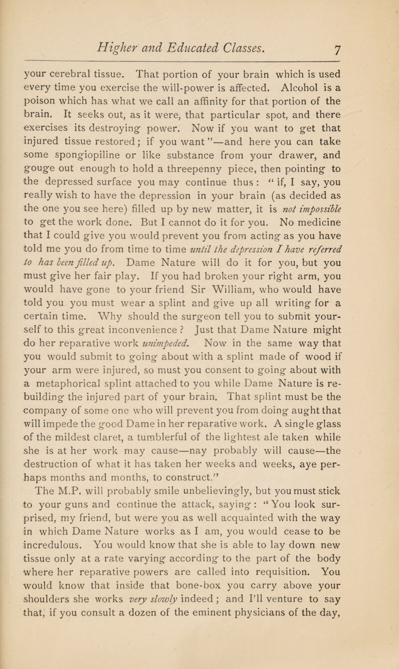 your cerebral tissue. That portion of your brain which is used every time you exercise the will-power is affected. Alcohol is a poison which has what we call an affinity for that portion of the brain. It seeks out, as it were, that particular spot, and there exercises its destroying power. Now if you want to get that injured tissue restored; if you want ”—and here you can take some spongiopiline or like substance from your drawer, and gouge out enough to hold a threepenny piece, then pointing to the depressed surface you may continue thus : “ if, I say, you really wish to have the depression in your brain (as decided as the one you see here) filled up by new matter, it is not impossible to get the work done. But I cannot do it for you. No medicine that I could give you would prevent you from acting as you have told me you do from time to time until the depression I have referred to has been filled up. Dame Nature will do it for you, but you must give her fair play. If you had broken your right arm, you would have gone to your friend Sir William, who would have told you you must wear a splint and give up all writing for a certain time. Why should the surgeon tell you to submit your¬ self to this great inconvenience ? just that Dame Nature might do her reparative work unimpeded. Now in the same way that you would submit to going about with a splint made of wood if your arm were injured, so must you consent to going about with a metaphorical splint attached to you while Dame Nature is re¬ building the injured part of your brain. That splint must be the company of some one who will prevent you from doing aught that will impede the good Dame in her reparative work. A single glass of the mildest claret, a tumblerful of the lightest ale taken while she is at her work may cause—nay probably will cause—the destruction of what it has taken her weeks and weeks, aye per¬ haps months and months, to construct/’ The 1VI.P. will probably smile unbelievingly, but you must stick to your guns and continue the attack, saying : “You look sur¬ prised, my friend, but were you as well acquainted with the way in which Dame Nature works as I am, you would cease to be incredulous. You would know that she is able to lay down new tissue only at a rate varying according to the part of the body where her reparative powers are called into requisition. You would know that inside that bone-box you carry above your shoulders she works very slowly indeed ; and I’ll venture to say that, if you consult a dozen of the eminent physicians of the day,