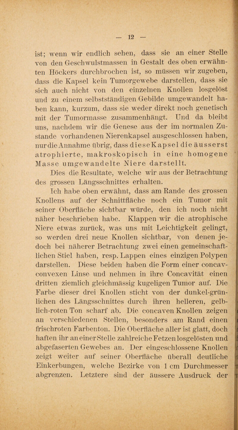 ist; wenn wir endlich sehen, dass sie an einer Stelle von den Geschwulstmassen in Gestalt des oben erwähn¬ ten Höckers durchbrochen ist, so müssen wir zugeben, dass die Kapsel kein Tumorgewebe darstellen, dass sie sich auch nicht von den einzelnen Knollen losgelöst und zu einem selbstständigen Gebilde umgewandelt ha¬ ben kann, kurzum, dass sie weder direkt noch genetisch mit der Tumormasse zusammenhängt. Und da bleibt uns, nachdem wir die Genese aus der im normalen Zu¬ stande vorhandenen Nierenkapsel ausgeschlossen haben, nur die Annahme übrig, dass diese Kapseldieäusserst atrophierte, makroskopisch in eine homogene Masse umgewandelte Niere darstellt. Dies die Resultate, welche wir aus der Betrachtung des grossen Längsschnittes erhalten. Ich habe oben erwähnt, dass am Rande des grossen Knollens auf der Schnittfläche noch ein Tumor mit seiner Oberfläche sichtbar würde, den ich noch nicht näher beschrieben habe. Klappen wir die atrophische Niere etwas zurück, was uns mit Leichtigkeit gelingt, so werden drei neue Knollen sichtbar, von denen je¬ doch bei näherer Betrachtung zwei einen gemeinschaft¬ lichen Stiel haben, resp. Lappen eines einzigen Polypen darstellen. Diese beiden haben die Form einer concav- 9 convexen Linse und nehmen in ihre Concavität einen dritten ziemlich gleichmässig kugeligen Tumor auf. Die Farbe dieser drei Knollen sticht von der dunkel-grün¬ lichen des Längsschnittes durch ihren helleren, gelb¬ lich-roten Ton scharf ab. Die concaven Knollen zeigen an verschiedenen Stellen, besonders am Rand einen frischroten Farbenton. Die Oberfläche aller ist glatt, doch haften ihr an einer Stelle zahlreiche Fetzen losgelösten und abgefaserten Gewebes an. Der eingeschlossene Knollen zeigt weiter auf seiner Oberfläche überall deutliche Einkerbungen, welche Bezirke von 1 cm Durchmesser ft abgrenzen. Letztere sind der äussere Ausdruck der ft