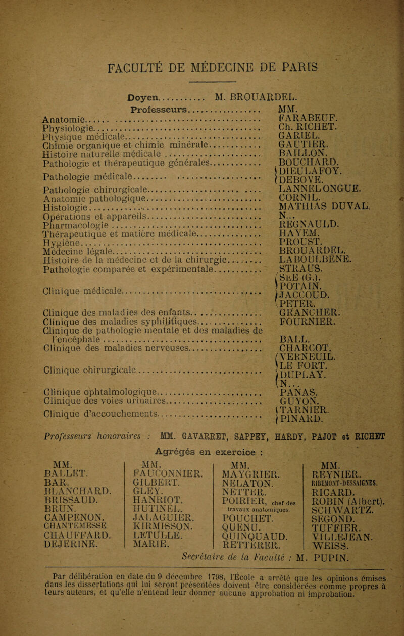 Doyen. M. BROUARDEL. Professeurs. Anatomie.... Physiologie. Physique médicale. Chimie organique et chimie minérale.. Histoire naturelle médicale .. Pathologie et thérapeutique générales. Pathologie médicale. Pathologie chirurgicale. Anatomie pathologique. Histologie... Opérations et appareils. Pharmacologie. Thérapeutique et matière médicale. Hygiène... Médecine légale. Histoire de la médecine et de la chirurgie. Pathologie comparée et expérimentale. Clinique médicale.. . Clinique des maladies des enfants. Clinique des maladies syphilitiques...... Clinique de pathologie mentale et des maladies de l’encéphale... Clinique des maladies nerveuses. Clinique chirurgicale... Clinique ophtalmologique. Clinique des voies urinaires..... Clinique d’accouchements. MM. FARABEUF. Ch. RICHET. GA RIE L. GAUTIER. BAILLON. BOUCHARD. S DIEU LA FO Y. (DEBOVE. LANNELONGUE. CORN1L. MATHIAS DUVAL, N... REGNAULD. HAYEM. PROUST. BROUARDEL. LABOULBÈNE. STRAUS. i'SEE (G.). ) POT A IN. JACCOUD. \ PETER. GRANCHER. FOURNIER. BALL. CHARCOT. WEKNEUIL. LE FORT, i DUPLAY. \N... PANAS. GUYON. (TARN 1ER. \ PINARD. Professeurs honoraires : MM. GAVARRET, SAPPEY, HARDY, PAJOT et RICHET Agrégés en exercice : MM MA YG RI ER. MM. BALLET. BAR. BLANCHARD. BRISSAUD. BRUN. CAMPENON. CHANTEMESSE CHAUFFARD. DEJERINE. MM. FAUCONNIER. GILBERT. GLEY. HANRIOT. HUTINEL. JALAGUIER. KIRMISSON. LETULLE. MARIE. NELATON. NETTER. POIRIER, chef des travaux anatomiques. POUCHET. QU EN U. QUINQUAUD. REITERER. MM. REYNIER. RIBEMOA'T-DESSAIGNES. RICARD, ROBIN (Albert). SCHWARTZ. SECOND. TUFFIER. Y1LLEJEAN. WEISS. Secrétaire de la Faculté : M. PUPIN. Par délibération en date du 9 décembre 1798, l'École a arrêté que les opinions émises dans les dissertations qui lui seront présentées doivent être considérées comme propres à leurs auteurs, et qu elle n entend leur donner aucune approbation ni improbation.