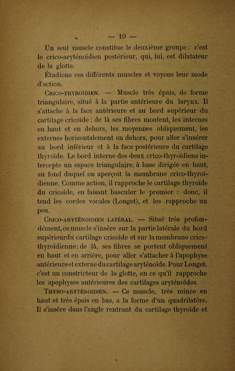 Un seul muscle constitue le deuxième groupe : c’est le crico-aryténoïdien postérieur, qui, lui, est dilatateur * de la glotte. Étudions ces différents muscles et voyons leur mode d’action. Crico-thyroïdien. — Muscle très épais, de forme triangulaire, situé à la partie antérieure du larynx. Il s’attache à la face antérieure et au bord supérieur du cartilage cricoïde : de là ses fibres montent, les internes en haut et en dehors, les moyennes obliquement, les externes horizontalement en dehors, pour aller s’insérer au bord inférieur et à la face postérieure du cartilage thyroïde. Le bord interne des deux crico-thyroïdiens in¬ tercepte un espace triangulaire, à base dirigée en haut, au fond duquel on aperçoit la membrane crico-thyroï- dienne. Comme action, il rapproche le cartilage thyroïde du cricoïde, en faisant basculer le premier : donc, il tend les cordes vocales (Longet), et les rapproche un peu. Crico-aryténoidien latéral. — Situé très profon¬ dément, ce muscle s’insère sur la partie latérale du bord supérieurdu cartilage cricoïde et sur la membrane crico- thyroïdienne: de là, ses fibres se portent obliquement en haut et en arrière, pour aller s’attacher à l’apophyse antérieure et externe du cartilage aryténoïde. Pour Longet, c’est un constricteur de la* glotte, en ce qu’il rapproche les apophyses antérieures des cartilages aryténoïdes. Thyro-aryténoidien. — Ce muscle, très mince en haut et très épais en bas, a la forme d’un quadrilatère. Il s’insère dans l’angle rentrant du cartilage thyroïde et