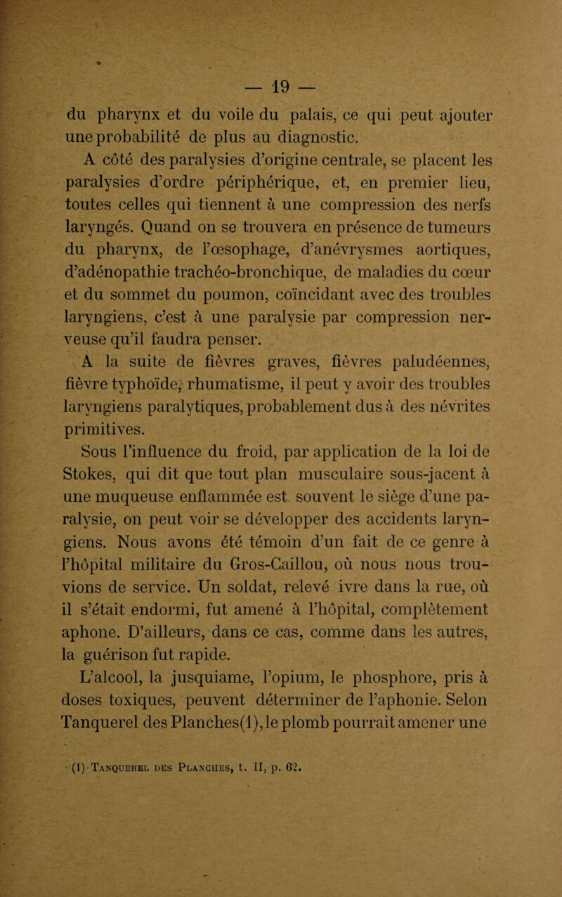 du pharynx et du voile du palais, ce qui peut ajouter une probabilité de plus au diagnostic. A côté des paralysies d’origine centrale, se placent les paralysies d’ordre périphérique, et, en premier lieu, toutes celles qui tiennent à une compression des nerfs laryngés. Quand on se trouvera en présence de tumeurs du pharynx, de l’œsophage, d’anévrysmes aortiques, d’adénopathie trachéo-bronchique, de maladies du cœur et du sommet du poumon, coïncidant avec des troubles laryngiens, c’est à une paralysie par compression ner¬ veuse qu’il faudra penser. A la suite de fièvres graves, fièvres paludéennes, fièvre typhoïde, rhumatisme, il peut y avoir des troubles laryngiens paralytiques, probablement dus à des névrites primitives. Sous l’influence du froid, par application de la loi de Stokes, qui dit que tout plan musculaire sous-jacent à une muqueuse enflammée est souvent le siège d’une pa¬ ralysie, on peut voir se développer des accidents laryn¬ giens. Nous avons été témoin d’un fait de ce genre à l’hôpital militaire du Gros-Caillou, où nous nous trou¬ vions de service. Un soldat, relevé ivre dans la rue, où il s’était endormi, fut amené à l’hôpital, complètement aphone. D’ailleurs, dans ce cas, comme dans les autres, la guérison fut rapide. L’alcool, la jusquiame, l’opium, le phosphore, pris à doses toxiques, peuvent déterminer de l’aphonie. Selon Tanquerel des Planches(l),le plomb pourrait amener une ■-(1) Tanquerel des Planches, t. II, p. 62. : ?
