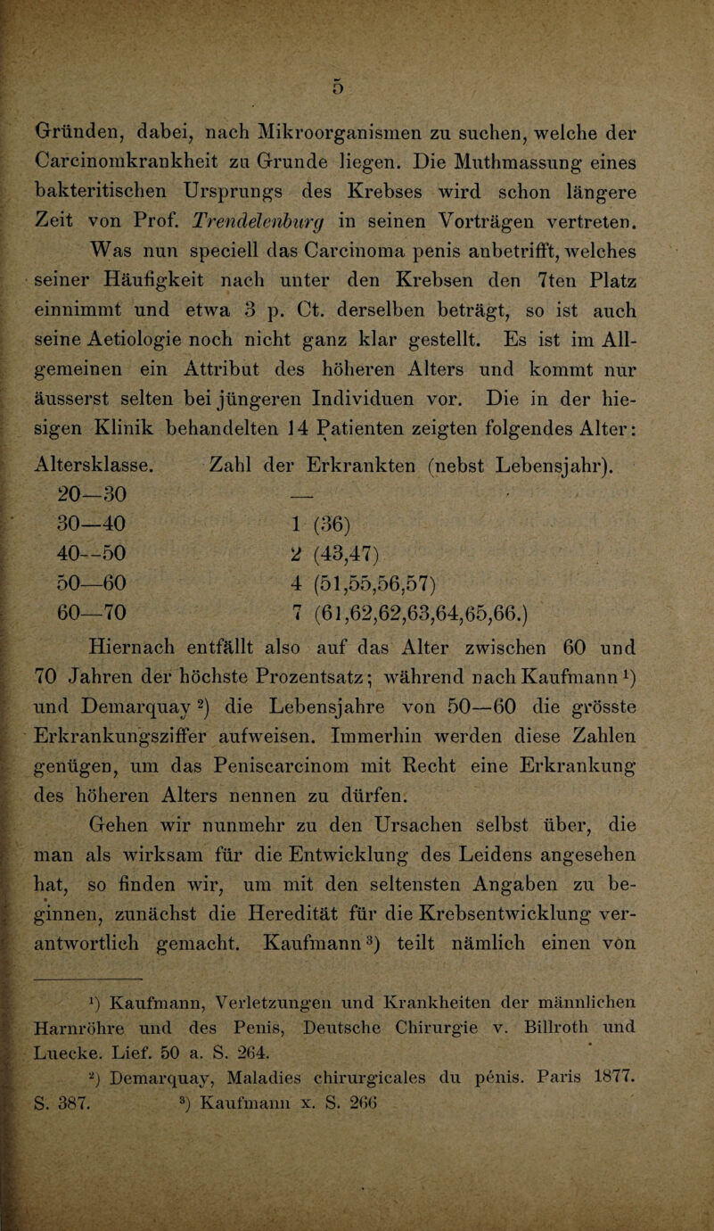 o Gründen, dabei, nach Mikroorganismen zu suchen, welche der Carcinomkrankheit zu Grunde liegen. Die Muthmassung eines bakteritischen Ursprungs des Krebses wird schon längere Zeit von Prof. Trendelenburg in seinen Vorträgen vertreten. Was nun speciell das Carcinoma penis anbetrifft, welches seiner Häufigkeit nach unter den Krebsen den 7ten Platz einnimmt und etwa 3 p. Ct. derselben beträgt, so ist auch seine Aetiologie noch nicht ganz klar gestellt. Es ist im All¬ gemeinen ein Attribut des höheren Alters und kommt nur äusserst selten bei jüngeren Individuen vor. Die in der hie¬ sigen Klinik behandelten 14 Patienten zeigten folgendes Alter: Altersklasse. 20—30 30—40 40—50 50—60 60—70 Zahl der Erkrankten (nebst Lebensjahr). 1 (36) 2 (43,47) 4 (51,55,56,57) 7 (61,62,62,63,64,65,66.) Hiernach entfällt also auf das Alter zwischen 60 und 70 Jahren der höchste Prozentsatz; während nach Kaufmann l) und Demarquay 2) die Lebensjahre von 50—60 die grösste Erkrankungsziffer aufweisen. Immerhin werden diese Zahlen genügen, um das Peniscarcinom mit Recht eine Erkrankung des höheren Alters nennen zu dürfen. Gehen wir nunmehr zu den Ursachen selbst über, die man als wirksam für die Entwicklung des Leidens angesehen hat, so finden wir, um mit den seltensten Angaben zu be- ginnen, zunächst die Heredität für die Krebsentwicklung ver¬ antwortlich gemacht. Kaufmann3) teilt nämlich einen von *) Kaufmann, Verletzungen und Krankheiten der männlichen Harnröhre und des Penis, Deutsche Chirurgie v. Billrotli und Luecke. Lief. 50 a. S. 264. 2) Demarquay, Maladies chirurgicales du penis. Paris 1877.