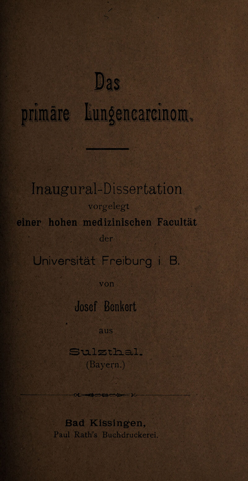 Bß, ■ m- fgt.f't/ BR, •* IjyK §&■.:• K BT; • Tpr Inaügural-Dissertation vorgelegt einer hohen medizinischen Facultät ' 1 , • ’ * . \ • * • • • . * l , ■ t . der Universität Freiburg i B. von Josef Benkert aus SVLlsötliaLl. (Bayern.) Bad Kissin^en, Paul Rath’s Buchdruckerei.