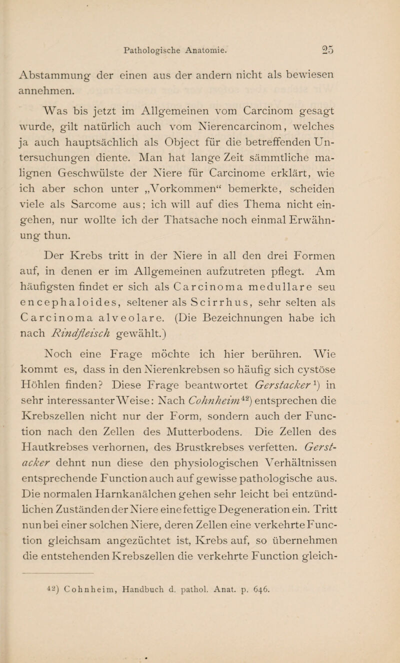 Abstammung der einen aus der andern nicht als bewiesen annehmen. Was bis jetzt im Allgemeinen vom Carcinom gesagt wurde, gilt natürlich auch vom Nierencarcinom, welches ja auch hauptsächlich als Object für die betreffenden Un¬ tersuchungen diente. Man hat lange Zeit sämmtliche ma¬ lignen Geschwülste der Niere für Carcinome erklärt, wie ich aber schon unter „Vorkommen“ bemerkte, scheiden viele als Sarcome aus; ich will auf dies Thema nicht ein- gehen, nur wollte ich der Thatsache noch einmal Erwähn¬ ung thun. Der Krebs tritt in der Niere in all den drei Formen auf, in denen er im Allgemeinen aufzutreten pflegt. Am häufigsten findet er sich als Carcinoma medulläre seu encephaloides, seltener als Scirrhus, sehr selten als Carcinoma alveolare. (Die Bezeichnungen habe ich nach Rindfleisch gewählt.) Noch eine Frage möchte ich hier berühren. Wie kommt es, dass in den Nierenkrebsen so häufig sich cystöse Höhlen finden? Diese Frage beantwortet Gerstacker1) in sehr interessanterWeise: Nach Cohn heim*2) entsprechen die Krebszellen nicht nur der Form, sondern auch der Func¬ tion nach den Zellen des Mutterbodens. Die Zellen des Hautkrebses verhornen, des Brustkrebses verfetten. Gerst¬ acker dehnt nun diese den physiologischen Verhältnissen entsprechende Function auch auf gewisse pathologische aus. Die normalen Harnkanälchen gehen sehr leicht bei entzünd¬ lichen Zuständen der Niere eine fettige Degeneration ein. Tritt nun bei einer solchen Niere, deren Zellen eine verkehrte Func¬ tion gleichsam angezüchtet ist, Krebs auf, so übernehmen die entstehenden Krebszellen die verkehrte Function gleich¬ es) Cohnheim, Handbuch d. pathol. Anat. p. 646.