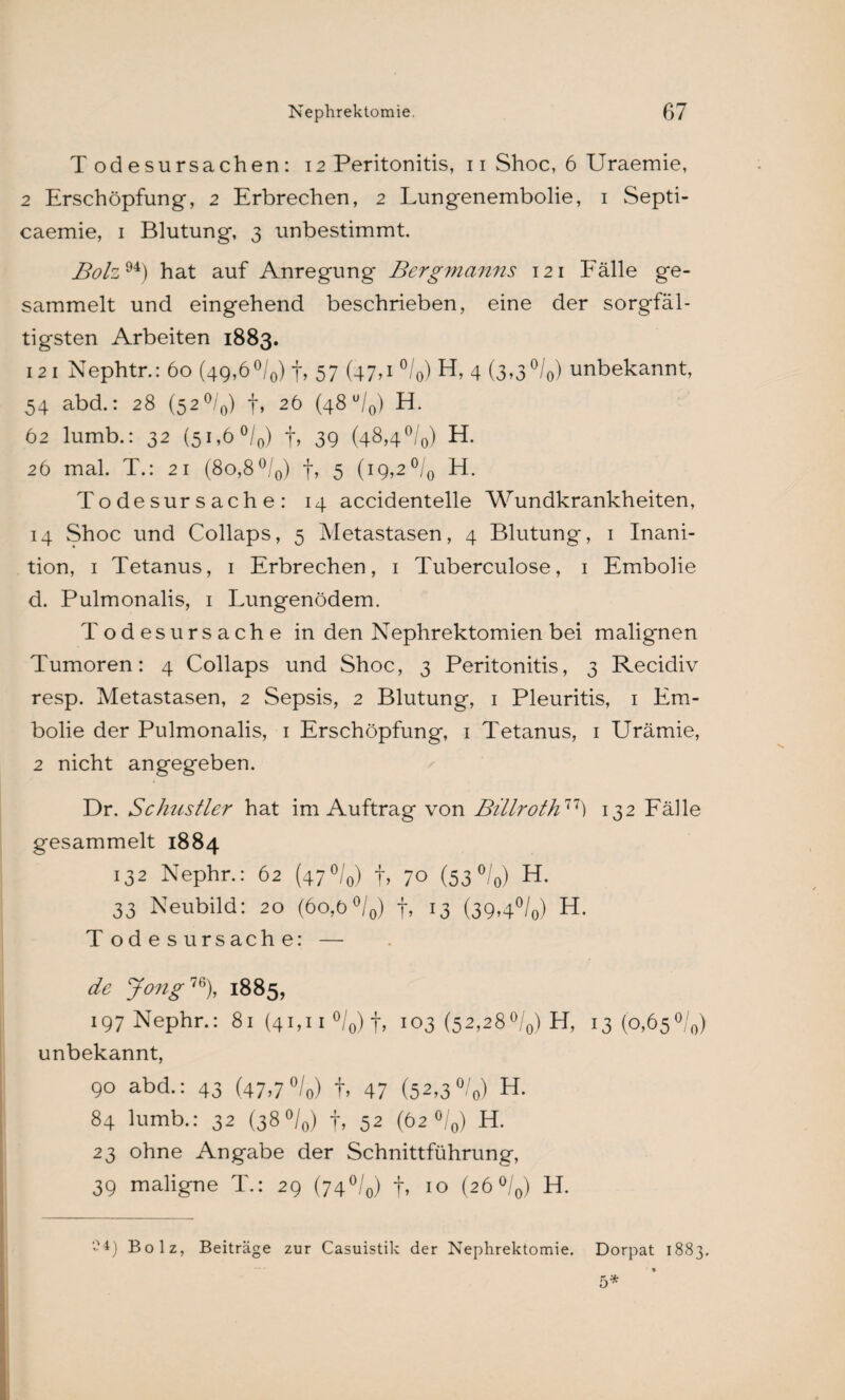 Todesursachen: 12 Peritonitis, 11 Shoc, 6 Uraemie, 2 Erschöpfung, 2 Erbrechen, 2 Lungenembolie, 1 Septi- caemie, 1 Blutung, 3 unbestimmt. Bolz94) hat auf Anregung Bergmanns 121 Fälle ge¬ sammelt und eingehend beschrieben, eine der sorgfäl¬ tigsten Arbeiten 1883. 12 1 Nephtr.: 60 (4Q,6°/0)f, 57 (47,1 °/0) H, 4 (3,3°/0) unbekannt, 54 abd.: 28 (52°/0) f, 26 (48 °/0) H. 62 lumb.: 32 (51,6 °/0) f, 39 (48,4°/0) H. 26 mal. T.: 21 (80,8°/0) f, 5 (19,2°/0 H. Todesursache: 14 accidentelle Wundkrankheiten, 14 Shoc und Collaps, 5 Metastasen, 4 Blutung, 1 Inani- tion, 1 Tetanus, 1 Erbrechen, 1 Tuberculose, 1 Embolie d. Pulmonalis, 1 Lungenödem. Todesursache in den Nephrektomien bei malignen Tumoren: 4 Collaps und Shoc, 3 Peritonitis, 3 Recidiv resp. Metastasen, 2 Sepsis, 2 Blutung, 1 Pleuritis, 1 Em¬ bolie der Pulmonalis, 1 Erschöpfung, 1 Tetanus, 1 Urämie, 2 nicht angegeben. Dr. Schustler hat im Auftrag von Bülroth7h 132 Fälle gesammelt 1884 132 Nephr.: 62 (47 °/0) f, 70 (53 °/o) H- 33 Neubild: 20 (60,0 °/0) f, 13 (39,4°/0) H. Todesursache: — de Jong7e), 1885, 197 Nephr.: 81 (41,11 °/0) f, 103 (52,28°/0) H, 13(0,65°/0) unbekannt, 90 abd.: 43 (47,7 °/0) t. 47 (52.3°/0) H. 84 lumb.: 32 (38 °/0) f, 52 (62 °/0) H. 23 ohne Angabe der Schnittführung, 39 maligne T.: 29 (74°/0) f, 10 (26 °/0) H. -4) Bolz, Beiträge zur Casuistik der Nephrektomie. Dorpat 1883.