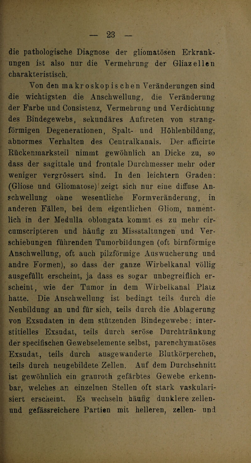 | die pathologische Diagnose der gliomatösen Erkrank¬ ungen ist also nur die Vermehrung der Gliaz eilen charakteristisch. Von den makroskopischen Veränderungen sind die wichtigsten die Anschwellung, die Veränderung der Farbe und Consistenz, Vermehrung und Verdichtung des Bindegewebs, sekundäres Auftreten von strang¬ förmigen Degenerationen, Spalt- und Höhlenbildung, abnormes Verhalten des Centralkanals. Der afficirte Rückenmarksteil nimmt gewöhnlich an Dicke zu, so dass der sagittale und frontale Durchmesser mehr oder weniger vergrössert sind. In den leichtern Graden: Schwellung ohne wesentliche Form Veränderung, in anderen Fällen, bei dem eigentlichen Gliom, nament- ' lieh in der Medulla oblongata kommt es zu mehr cir- cumscripteren und häufig zu Missstaltungen und Ver¬ schiebungen führenden Tumorbildungen (oft bimförmige Anschwellung, oft auch pilzförmige Auswucherung und andre Formen), so dass der ganze Wirbelkanal völlig ausgefüllt erscheint, ja dass es sogar unbegreiflich er¬ scheint, wie der Tumor in dem Wirbelkanal Platz I hatte. Die Anschwellung ist bedingt teils durch die Neubildung an und für sich, teils durch die Ablagerung von Exsudaten in dem stützenden Bindegewebe: inter¬ stitielles Exsudat, teils durch seröse Durchtränkung der specifischen Gewebselemente selbst, parenchjmiatöses Exsudat, teils durch ausgewanderte Blutkörperchen, teils durch neugebildete Zellen. Auf dem Durchschnitt ist gewöhnlich ein grauroth gefärbtes Gewebe erkenn¬ bar, welches an einzelnen Stellen oft stark vaskulari- siert erscheint. Es wechseln häufig dunklere zellen- und gefässreichere Partien mit helleren, zellen- und