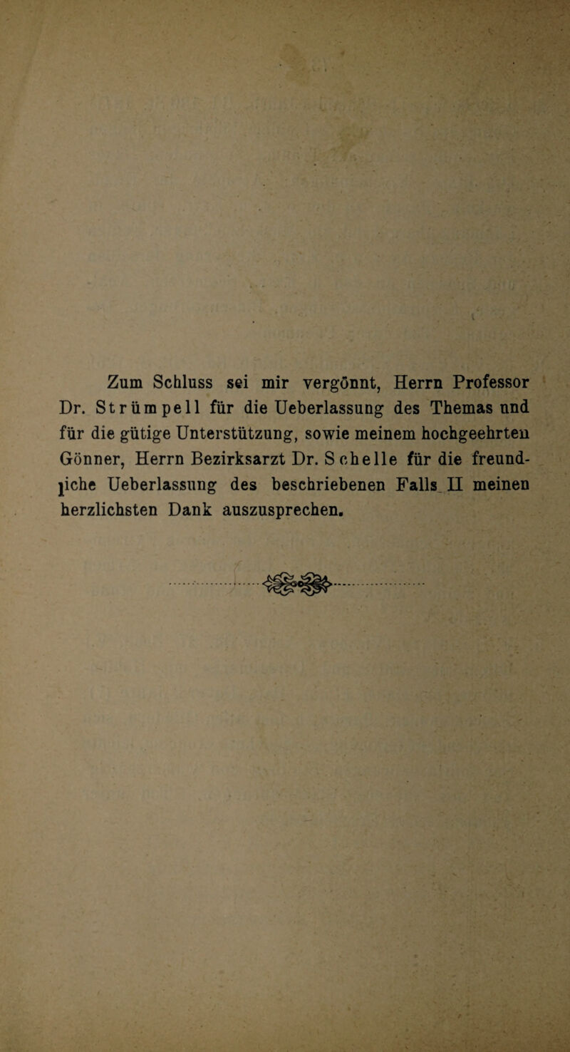 Zum Schluss sei mir vergönnt, Herrn Professor Dr. Strümpell für die Ueberlassung des Themas und für die gütige Unterstützung, sowie meinem hochgeehrten Gönner, Herrn Bezirksarzt Dr. S che Ile für die freund- jiche Ueberlassung des beschriebenen Falls^ II meinen herzlichsten Dank auszusprechen. f