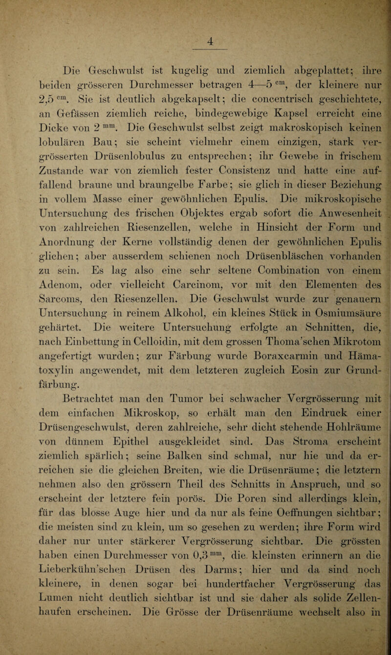 Die Geschwulst ist kugelig und ziemlich abgeplattet; ihre beiden grösseren Durchmesser betragen 4—5 cm, der kleinere nur 2,5 cm. Sie ist deutlich abgekapselt; die concentrisch geschichtete, an Gefässen ziemlich reiche, bindegewebige Kapsel erreicht eine Dicke von 2 mm. Die Geschwulst selbst zeigt makroskopisch keinen lobulären Bau; sie scheint vielmehr einem einzigen, stark ver- grösserten Drüsenlobulus zu entsprechen; ihr Gewebe in frischem Zustande war von ziemlich fester Consistenz und hatte eine auf¬ fallend braune und braungelbe Farbe; sie glich in dieser Beziehung in vollem Masse einer gewöhnlichen Epulis. Die mikroskopische Untersuchung des frischen Objektes ergab sofort die Anwesenheit von zahlreichen Riesenzellen, welche in Hinsicht der Form und Anordnung der Kerne vollständig denen der gewöhnlichen Epulis glichen; aber ausserdem schienen noch Drüsenbläschen vorhanden zu sein. Es lag also eine sehr seltene Combination von einem Adenom, oder vielleicht Carcinom, vor mit den Elementen des Sarcoms, den Riesenzellen. Die Geschwulst wurde zur genauem Untersuchung in reinem Alkohol, ein kleines Stück in Osmiumsäure gehärtet. Die weitere Untersuchung erfolgte an Schnitten, die, nach Einbettung in Celloidin, mit dem grossen Thoma’schen Mikrotom angefertigt wurden; zur Färbung wurde Boraxcarmin und Häma- toxylin angewendet, mit dem letzteren zugleich Eosin zur Grund¬ färbung. Betrachtet man den Tumor bei schwacher Vergrösserung mit dem einfachen Mikroskop, so erhält man den Eindruck einer Drüsengeschwulst, deren zahlreiche, sehr dicht stehende Hohlräume von dünnem Epithel ausgekleidet sind. Das Stroma erscheint ziemlich spärlich; seine Balken sind schmal, nur hie und da er¬ reichen sie die gleichen Breiten, wie die Drüsenräume; die letztem nehmen also den grossem Tlieil des Schnitts in Anspruch, und so erscheint der letztere fein porös. Die Poren sind allerdings klein, für das blosse Auge hier und da nur als feine Oeffnungen sichtbar; die meisten sind zu klein, um so gesehen zu werden; ihre Form wird daher nur unter stärkerer Vergrösserung sichtbar. Die grössten haben einen Durchmesser von 0,3 mm, die. kleinsten erinnern an die Lieberkühn’Sehen Drüsen des Darms; hier und da sind noch kleinere, in denen sogar bei hundertfacher Vergrösserung das Lumen nicht deutlich sichtbar ist und sie daher als solide Zellen¬ haufen erscheinen. Die Grösse der Drüsenräume wechselt also in
