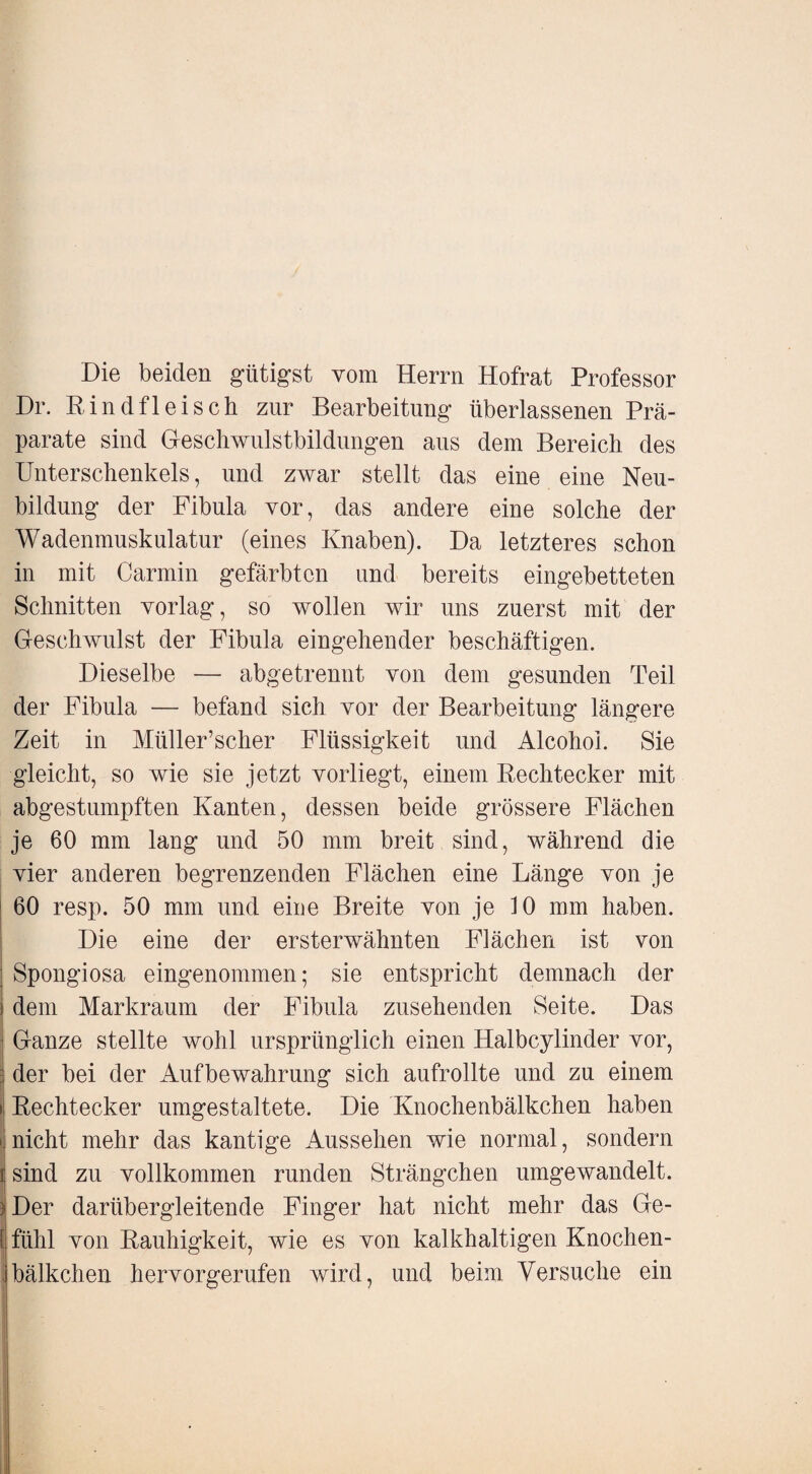 Die beiden gütigst vom Herrn Hofrat Professor Dr. Rindfleisch zur Bearbeitung überlassenen Prä¬ parate sind Geschwulstbildungen aus dem Bereich des Unterschenkels, und zwar stellt das eine eine Neu¬ bildung der Fibula vor, das andere eine solche der Wadenmuskulatur (eines Knaben). Da letzteres schon in mit Carmin gefärbten und bereits eingebetteten Schnitten yorlag, so wollen wir uns zuerst mit der Geschwulst der Fibula eingehender beschäftigen. Dieselbe — abgetrennt von dem gesunden Teil der Fibula — befand sich vor der Bearbeitung längere Zeit in Müller’scher Flüssigkeit und Alcohoi. Sie gleicht, so wie sie jetzt vorliegt, einem Rechtecker mit abgestumpften Kanten, dessen beide grössere Flächen je 60 mm lang und 50 mm breit sind, während die vier anderen begrenzenden Flächen eine Länge von je 60 resp. 50 mm und eine Breite von je 10 mm haben. Die eine der ersterwähnten Flächen ist von Spongiosa eingenommen; sie entspricht demnach der dem Markraum der Fibula zusehenden Seite. Das i Ganze stellte wohl ursprünglich einen Halbcylinder vor, j der bei der Aufbewahrung sich aufrollte und zu einem j Rechtecker umgestaltete. Die Knochenbälkchen haben 'nicht mehr das kantige Aussehen wie normal, sondern I sind zu vollkommen runden Strängchen umgewandelt. 3 Der darübergleitende Finger hat nicht mehr das Ge- S fühl von Rauhigkeit, wie es von kalkhaltigen Knochen- >bälkchen hervorgerufen wird, und beim Versuche ein