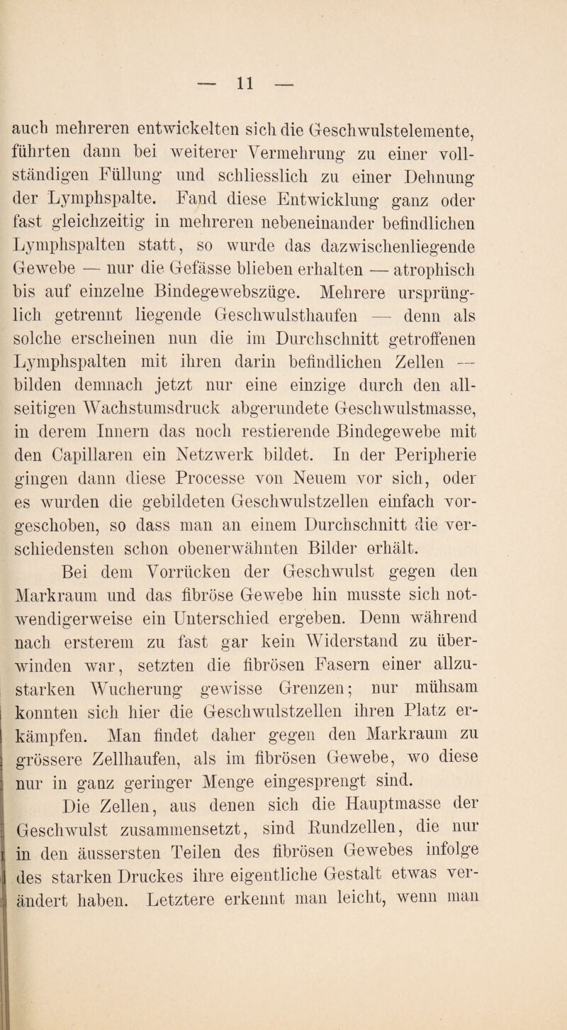 auch mehreren entwickelten sich die Geschwulstelemente, führten dann bei weiterer Vermehrung' zu einer voll¬ ständigen Füllung und schliesslich zu einer Dehnung der Lymphspalte. Fand diese Entwicklung ganz oder fast gleichzeitig in mehreren nebeneinander befindlichen Lymphspalten statt, so wurde das dazwischenliegende Gewebe — nur die Gefässe blieben erhalten — atrophisch bis auf einzelne Bindegewebszüge. Mehrere ursprüng¬ lich getrennt liegende Geschwulsthaufen — denn als solche erscheinen nun die im Durchschnitt getroffenen Lymphspalten mit ihren darin befindlichen Zellen — bilden demnach jetzt nur eine einzige durch den all¬ seitigen Wachstumsdruck abgerundete Geschwulstmasse, in derem Innern das noch Testierende Bindegewebe mit den Capillaren ein Netzwerk bildet. In der Peripherie gingen dann diese Processe von Neuem vor sich, oder es wurden die gebildeten Geschwulstzellen einfach vor¬ geschoben, so dass man an einem Durchschnitt die ver¬ schiedensten schon obenerwähnten Bilder erhält. Bei dem Vorrücken der Geschwulst gegen den Markraum und das fibröse Gewebe hin musste sich not¬ wendigerweise ein Unterschied ergeben. Denn während nach ersterem zu fast gar kein Widerstand zu über¬ winden war, setzten die fibrösen Fasern einer allzu¬ starken Wucherung gewisse Grenzen; nur mühsam konnten sich hier die Geschwulstzellen ihren Platz er¬ kämpfen. Man findet daher gegen den Markraum zu grössere Zellhaufen, als im fibrösen Gewebe, wo diese nur in ganz geringer Menge eingesprengt sind. Die Zellen, aus denen sich die Hauptmasse der Geschwulst zusammensetzt, sind Rundzellen, die nur in den äussersten Teilen des fibrösen Gewebes infolge des starken Druckes ihre eigentliche Gestalt etwas ver¬ ändert haben. Letztere erkennt man leicht, wenn man