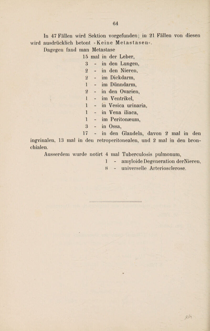In 47 Fällen wird Sektion vorgefunden; in 21 Fällen von diesen wird ausdrücklich betont »Keine Metastasen«. Dagegen fand man Metastase 15 mal in der Leber, 3 - in den Lungen, 2 - in den Nieren, 2 - im Dickdarm, 1 - im Dünndarm, 2 - in den Ovarien, 1 - im Ventrikel, 1 - in Vesica urinaria, 1 - in Vena iliaca, 1 - im Peritonaeum, 3 - in Ossa, 17 - in den Glandeln, davon 2 mal in den ingvinalen, 13 mal in den retroperitonealen, und 2 mal in den bron¬ chialen. Ausserdem wurde notirt 4 mal Tuberculosis pulmonum, 1 - amyloide Degeneration derNieren, 8 - universelle Arteriosclerose.