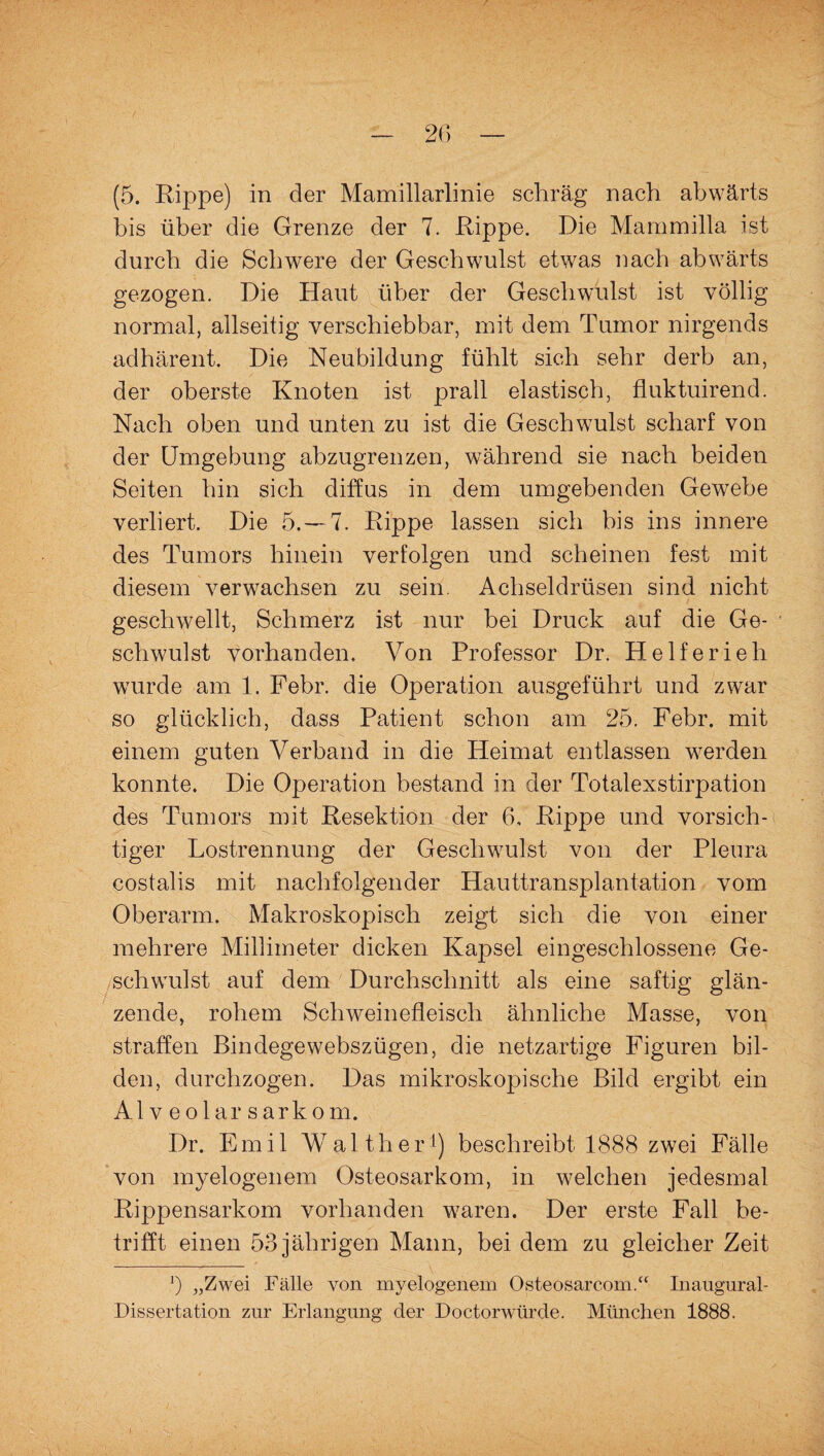 bis über die Grenze der 7. Rippe. Die Mammilla ist durch die Schwere der Geschwulst etwas nach abwärts gezogen. Die Haut über der Geschwulst ist völlig normal, allseitig verschiebbar, mit dem Tumor nirgends adhärent. Die Neubildung fühlt sich sehr derb an, der oberste Knoten ist prall elastisch, fluktuirend. Nach oben und unten zu ist die Geschwulst scharf von der Umgebung abzugrenzen, während sie nach beiden Seiten hin sich diffus in dem umgebenden Gewebe verliert. Die 5.-7. Rippe lassen sich bis ins innere des Tumors hinein verfolgen und scheinen fest mit diesem verwachsen zu sein. Achseldrüsen sind nicht geschwellt, Schmerz ist nur bei Druck auf die Ge¬ schwulst vorhanden. Von Professor Dr. Helferieh wurde am 1. Febr. die Operation ausgeführt und zwar so glücklich, dass Patient schon am 25. Febr. mit einem guten Verband in die Heimat entlassen werden konnte. Die Operation bestand in der Totalexstirpation des Tumors mit Resektion der 6, Rippe und vorsich¬ tiger Lostrennung der Geschwulst von der Pleura costalis mit nachfolgender Hauttransplantation vom Oberarm. Makroskopisch zeigt sich die von einer mehrere Millimeter dicken Kapsel eingeschlossene Ge¬ schwulst auf dem Durchschnitt als eine saftig glän¬ zende, rohem Schweinefleisch ähnliche Masse, von straffen Bindegewebszügen, die netzartige Figuren bil¬ den, durchzogen. Das mikroskopische Bild ergibt ein Alveolar sarkom. Dr. Emil Walther1) beschreibt 1888 zwei Fälle von myelogenem Osteosarkom, in welchen jedesmal Rippensarkom vorhanden waren. Der erste Fall be¬ trifft einen 53 jährigen Mann, bei dem zu gleicher Zeit J) „Zwei Fälle von myelogenem Osteosarcom.“ Inaugural- Dissertation zur Erlangung der Doctorwürde. München 1888.