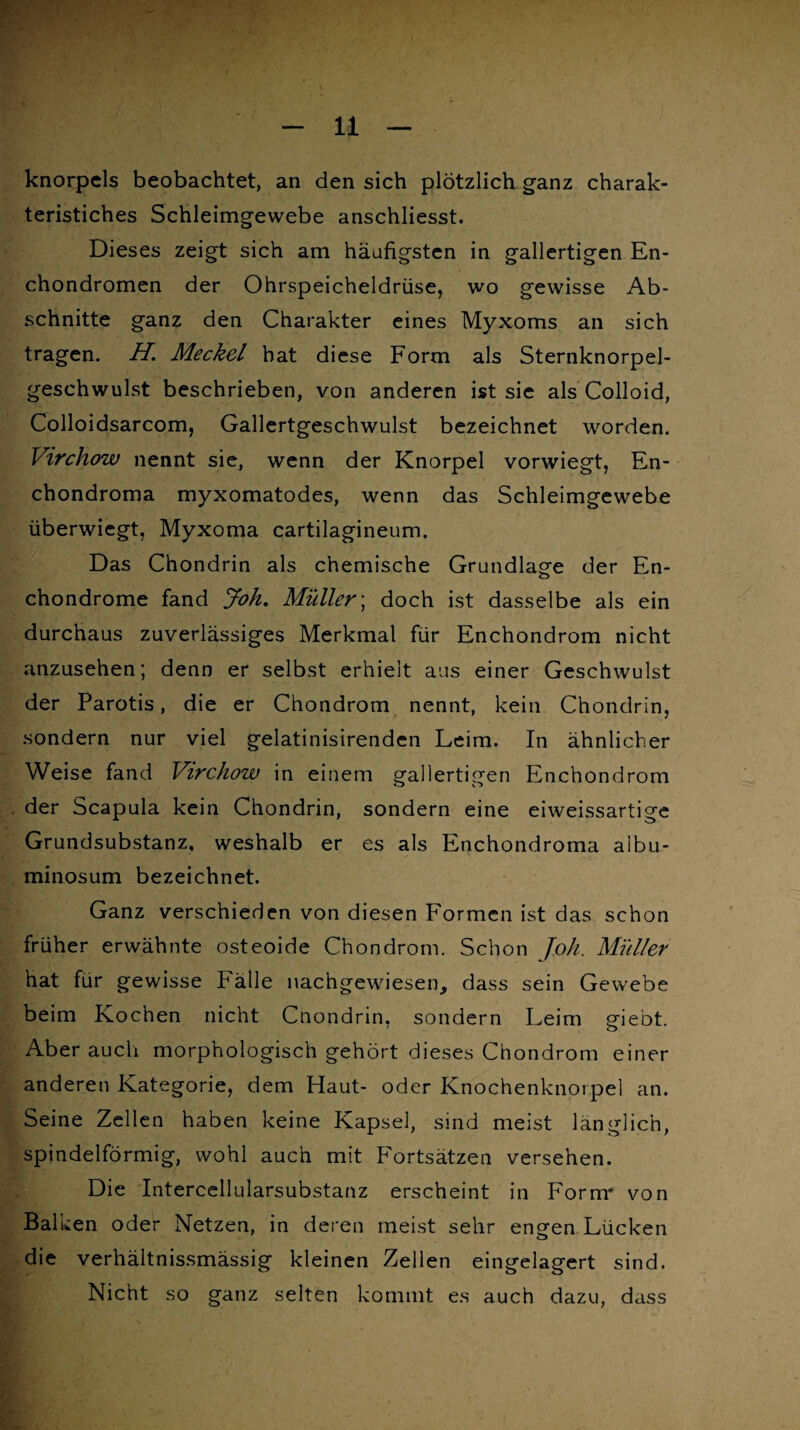 knorpcls beobachtet, an den sich plötzlich ganz charak- teristiches Schleimgewebe anschliesst. Dieses zeigt sich am häufigsten in gallertigen En- chondromen der Ohrspeicheldrüse, wo gewisse Ab¬ schnitte ganz den Charakter eines Myxoms an sich tragen. H Meckel hat diese Form als Sternknorpel¬ geschwulst beschrieben, von anderen ist sie als Colloid, Colloidsarcom, Gallertgeschwulst bezeichnet worden. Virchow nennt sie, wenn der Knorpel vorwiegt, En- chondroma myxomatodes, wenn das Schleimgewebe überwiegt, Myxoma cartilagineum. Das Chondrin als chemische Grundlage der En- chondrome fand Joh. Müller; doch ist dasselbe als ein durchaus zuverlässiges Merkmal für Enchondrom nicht anzusehen; denn er selbst erhielt aus einer Geschwulst der Parotis, die er Chondrom nennt, kein Chondrin, sondern nur viel gelatinisirendcn Leim. In ähnlicher Weise fand Virchow in einem gallertigen Enchondrom der Scapula kein Chondrin, sondern eine eiweissartige Grundsubstanz, weshalb er es als Enchondroma albu- minosum bezeichnet. Ganz verschieden von diesen Formen ist das schon früher erwähnte osteoide Chondrom. Schon Joh. Müller hat für gewisse Fälle nachgewiesen, dass sein Gewebe beim Kochen nicht Cnondrin. sondern Leim erlebt ' o Aber auch morphologisch gehört dieses Chondrom einer anderen Kategorie, dem Haut- oder Knochenknorpel an. Seine Zellen haben keine Kapsel, sind meist länglich, spindelförmig, wohl auch mit Fortsätzen versehen. Die Intercellularsubstanz erscheint in Form* von Balken oder Netzen, in deren meist sehr engen Lücken die verhältnissmässig kleinen Zellen eingelagert sind. Nicht so ganz selten kommt es auch dazu, dass