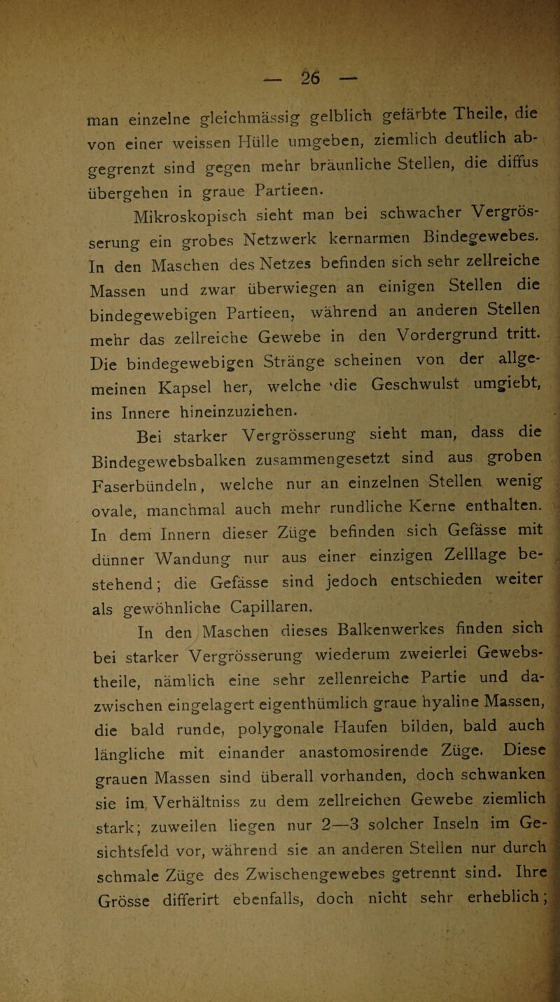 man einzelne gleichmässig gelblich gefärbte Theile, die von einer weissen Hülle umgeben, ziemlich deutlich ab¬ gegrenzt sind gegen menr bräunliche Stellen, die diffus übergehen in graue Partieen. Mikroskopisch sieht man bei schwacher Vergrös- serung ein grobes Netzwerk kernarmen Bindegewebes. In den Maschen des Netzes befinden sich sehr zellreiche Massen und zwar überwiegen an einigen Stellen die bindegewebigen Partieen. während an anderen Stellen mehr das zellreiche Gewebe in den Vordergrund tritt. Die bindegewebigen Stränge scheinen von der allge¬ meinen Kapsel her, welche 'die Geschwulst umgiebt, ins Innere hineinzuziehen. Bei starker Vergrösserung sieht man, dass die Bindegewebsbalken zusammengesetzt sind aus groben Faserbündeln, welche nur an einzelnen Stellen wenig ovale, manchmal auch mehr rundliche Kerne enthalten. In dem Innern dieser Züge befinden sich Gefässe mit dünner Wandung nur aus einer einzigen Zelllage be- stehend; die Gefässe sind jedoch entschieden weiter als gewöhnliche Capillaren. In den Maschen dieses Balkenwerkes finden sich bei starker Vergrösserung wiederum zweierlei Gewebs- theile, nämlich eine sehr zellenreiche Partie und da¬ zwischen eingelagert eigentümlich graue hyaline Massen, die bald runde, polygonale Haufen bilden, bald auch längliche mit einander anastomosirende Züge. Diese grauen Massen sind überall vorhanden, doch schwanken sie im Verhältniss zu dem zellreichen Gewebe ziemlich stark; zuweilen liegen nur 2—3 solcher Inseln im Ge¬ sichtsfeld vor, während sie an anderen Stellen nur durch schmale Züge des Zwischengewebes getrennt sind. Ihre Grösse differirt ebenfalls, doch nicht sehr erheblich;