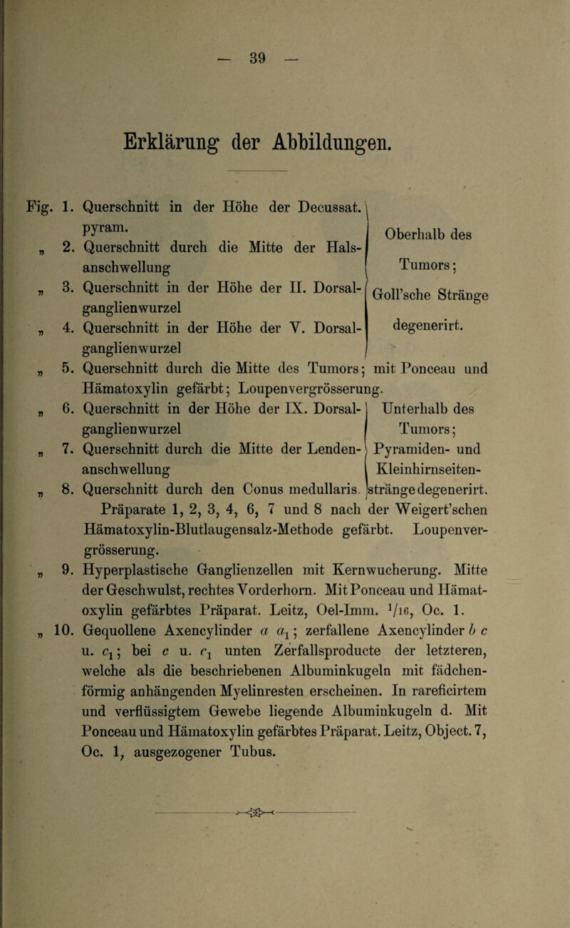 Erklärung der Abbildungen. Oberhalb des Tumors; GolFsche Sträuge degenerirt. Fig. 1. Querschnitt in der Höhe der Decussat. pyram. „ 2. Querschnitt durch die Mitte der Hals¬ anschwellung „ 3. Querschnitt in der Höhe der II. Dorsal¬ ganglienwurzel „ 4. Querschnitt in der Höhe der V. Dorsal¬ ganglienwurzel „ 5. Querschnitt durch die Mitte des Tumors; mit Ponceau und Hämatoxylin gefärbt; Loupenvergrösserung. „ 6. Querschnitt in der Höhe der IX. Dorsal-1 Unterhalb des ganglienwurzel I Tumors; „ 7. Querschnitt durch die Mitte der Lenden- Pyramiden- und anschwellung 1 Kleinhirnseiten- „ 8. Querschnitt durch den Conus medullaris. Jstränge degenerirt. Präparate 1, 2, 3, 4, 6, 7 und 8 nach der Weigert’schen Hämatoxylin-Blutlaugensalz-Methode gefärbt. Loupenver¬ grösserung. „ 9. Hyperplastische Ganglienzellen mit Kern Wucherung. Mitte der Geschwulst, rechtes Vorderhorn. Mit Ponceau und Hämat¬ oxylin gefärbtes Präparat. Leitz, Oel-Imm. 1/i6, Oc. 1. „ 10. Gequollene Axencylinder a ax; zerfallene Axencylinder b c u. cx; bei c u. r1 unten Zerfallsproducte der letzteren, welche als die beschriebenen Albuminkugeln mit fädchen- förmig anhängenden Myelinresten erscheinen. In rareficirtem und verflüssigtem Gewebe liegende Albuminkugeln d. Mit Ponceau und Hämatoxylin gefärbtes Präparat. Leitz, Object. 7, Oc. 1; ausgezogener Tubus.