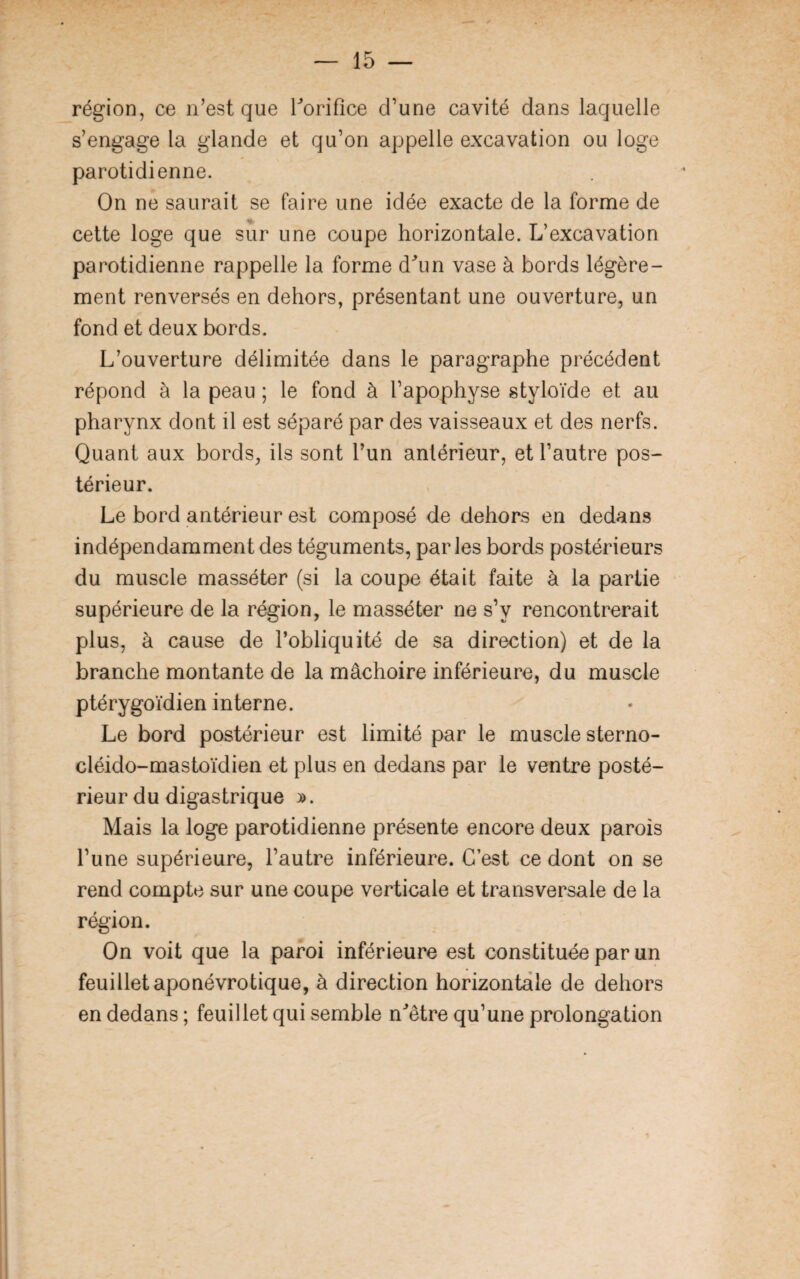 région, ce n’est que l'orifice d’une cavité dans laquelle s’engage la glande et qu’on appelle excavation ou loge parotidienne. On ne saurait se faire une idée exacte de la forme de cette loge que sur une coupe horizontale. L’excavation parotidienne rappelle la forme d'un vase à bords légère¬ ment renversés en dehors, présentant une ouverture, un fond et deux bords. L’ouverture délimitée dans le paragraphe précédent répond à la peau ; le fond à l’apophyse styloïde et au pharynx dont il est séparé par des vaisseaux et des nerfs. Quant aux bords, ils sont l’un antérieur, et l’autre pos¬ térieur. Le bord antérieur est composé de dehors en dedans indépendamment des téguments, parles bords postérieurs du muscle masséter (si la coupe était faite à la partie supérieure de la région, le masséter ne s’y rencontrerait plus, à cause de l’obliquité de sa direction) et de la branche montante de la mâchoire inférieure, du muscle ptérygoïdien interne. Le bord postérieur est limité par le muscle sterno- cléido-mastoïdien et plus en dedans par le ventre posté¬ rieur du digastrique ». Mais la loge parotidienne présente encore deux parois l’une supérieure, l’autre inférieure. C’est ce dont on se rend compte sur une coupe verticale et transversale de la région. On voit que la paroi inférieure est constituée par un feuillet aponévrotique, à direction horizontale de dehors en dedans ; feuillet qui semble n'être qu’une prolongation