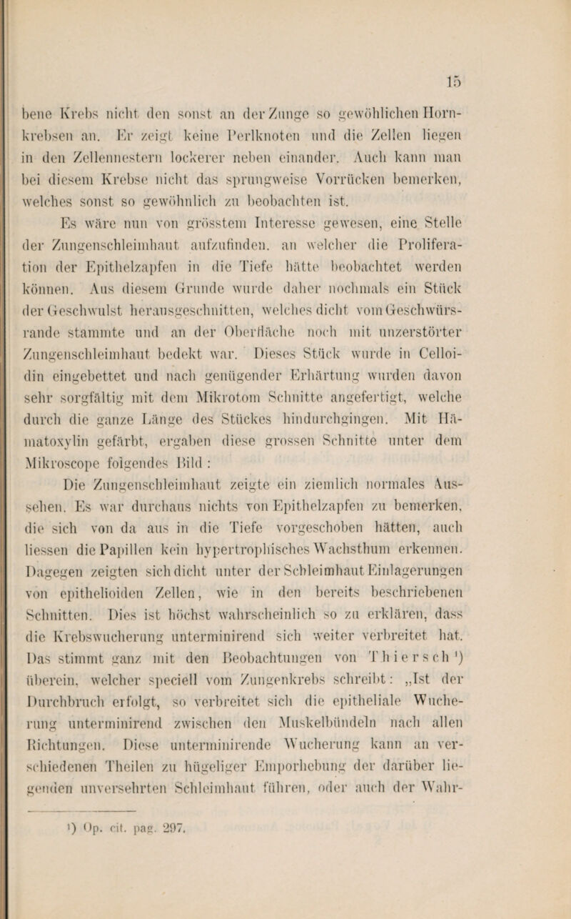 bene Krebs nicht, den sonst an der Zunge so gewöhlichen Horn¬ krebsen an. Kr zeigt keine Perlknoten und die Zellen liegen in den Zellennestern lockerer neben einander. Auch kann man bei diesem Krebse nicht das sprungweise Vorrücken bemerken, welches sonst so gewöhnlich zu beobachten ist. Es wäre nun von grösstem Interesse gewesen, eine Stelle der Zungenschleimhaut aufzufinden, an welcher die Prolifera¬ tion der Epithelzapfen in die Tiefe hätte beobachtet werden können. Aus diesem Grunde wurde daher nochmals ein Stück der Geschwulst herausgeschnitten, welches dicht vom Geschwürs¬ rande stammte und an der Oberfläche noch mit unzerstörter Zungenschleimhaut bedekt war. Dieses Stück wurde in Celloi- din eingebettet und nach genügender Erhärtung wurden davon sehr sorgfältig mit dem Mikrotom Schnitte angefertigt, welche durch die ganze Länge des Stückes hindurchgingen. Mit Hä- matoxylin gefärbt, ergaben diese grossen Schnitte unter dem Mikroscope folgendes Bild : Die Zungenschleimhaut zeigte ein ziemlich normales Aus¬ sehen. Es war durchaus nichts von Epithelzapfen zu bemerken, die sich von da aus in die Tiefe vorgeschoben hätten, auch dessen die Papillen kein hypertrophisches Wachsthum erkennen. Dagegen zeigten sich dicht unter der Schleimhaut Einlagerungen von epithelioiden Zellen, wie in den bereits beschriebenen Schnitten. Dies ist höchst wahrscheinlich so zu erklären, dass die Krebswucherung unterminirend sich weiter verbreitet hat. Das stimmt ganz mit den Beobachtungen von T.hiersch1) überein, welcher speciell vom Zungenkrebs schreibt: „Ist der Durchbruch erfolgt, so verbreitet sich die epitheliale Wuche¬ rung unterminirend zwischen den Muskelbündeln nach allen Richtungen. Diese unterminirende Wucherung kann an ver¬ schiedenen Theilen zu hügeliger Emporhebung der darüber lie¬ genden unversehrten Schleimhaut führen, oder auch der Wahr-