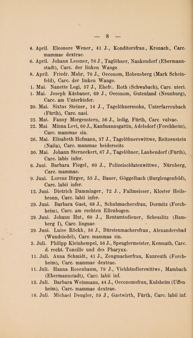 4. April. Eleonore Wener, 41 J., Konditorsfrau, Kronach, Care, mammae dextrae. 6. April. Johann Lessner, 76 J., Taglöhner, Nankendorf (Ebermann¬ stadt), Care, der linken Wange. 8. April. Friedr. Mahr, 70 J., Oeconom, Hohensberg (Mark Schein¬ feld), Care, der linken Wange. 1. Mai. Nanette Legi, 57 J., Ehefr.. Roth (Schwabach), Care, uteri. I. Mai. Joseph Käsbauer, 69 J, Oeconom, Gutenland (Neunburg), Care, am Unterkiefer. 20. Mai. Sixtus Steiner, 14 J., Tagelöhnerssohn, Unterfarrenbach (Fürth), Care. nasi. 22. Mai. Fanny Morgenstern, 56 J., ledig, Fürth, Care, vulvae. 22. Mai. Minna Levi, 60 J., Kaufmannsgattin, Adelsdorf (Forchheim), Care, mammae sin. 26. Mai. Elisabeth Hofmann, 37 J., Tagelöhnerswittwe, Reitzenstein (Naila), Care, mammae beiderseits. 30. Mai. Johann Sterneckert, 67 J., Tagelöhner, Laubendorf (Fürth), Care, labis infer. 6. Juni. Barbara Fiegel, 60 J., Polizeisoldatenwittwe, Nürnberg, Care, mammae. 9. Juni. Lorenz Birger, 53 J., Bauer, Göggelbach (Burglengenfeld), Care, labii infer. 12. Juni. Dietrich Damminger, 72 J., Fallmeisser, Kloster Heils¬ bronn, Care, labii infer. 29. Juni. Barbara Gast, 68 J., Schuhmachersfrau, Dormitz (Forch¬ heim), Care, am rechten Ellenbogen. 29. Juni. Johann Hut, 60 J., Rentamtsdiener, Schesslitz (Bam¬ berg I), Care, linguae. 29. Juni. Luise Röckh, 56 J., Bürstenmachersfrau, Alexandersbad (Wundsiedel), Care, mammae sin. 3. Juli. Philipp Kleinhempel, 56 J., Spenglermeister, Kemnath, Care, d. recht. Tonsille und des Pharynx. II. Juli. Anna Schmidt, 41 J., Zeugmacherfrau, Kunreuth (Forch¬ heim), Care, mammae dextrae. 11. Juli. Hanna Rosenbaum, 79 J., Yiehhändlerswittwe, Marnbach (Ebermannstadt), Care, labii inf. 13. Juli. Barbara Weinmann, 44 J., Oeconomsfrau, Kulsheim (Uffen- heim), Care, mammae dextrae. 18. Juli. Michael Dengler, 59 J , Gastwirth, Fürth, Care, labii inf.