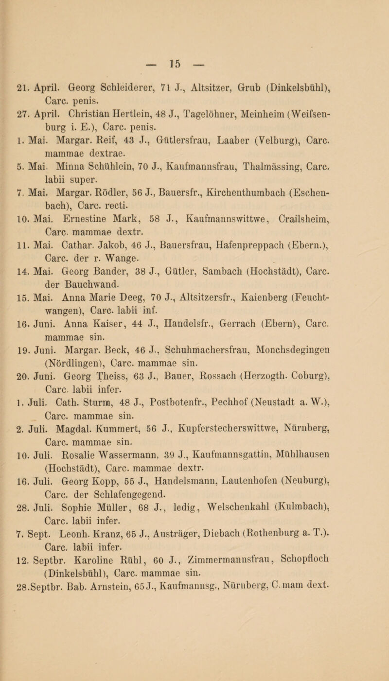 21. April. Georg Schleiderer, 7l J., Altsitzer, Grub (Dinkelsbühl), Care, penis. 27. April. Christian Hertlein, 48 J., Tagelöhner, Meinlieim (Weifsen- burg i. E.), Care, penis. I. Mai. Margar. Reif, 43 J., Gütlersfrau, Laaber (Velburg), Care. mammae dextrae. 5. Mai. Minna Schühlein, 70 J., Kaufmannsfrau, Thalmässing, Care, labii super. 7. Mai. Margar. Rödler, 56 J., Bauersfr., Kirchenthumbach (Eschen- bach), Care, recti. 10. Mai. Ernestine Mark, 58 J., Kaufmannswittwe, Crailsheim, Care, mammae dextr. II. Mai. Cathar. Jakob, 46 J., Bauersfrau, Hafenpreppach (Ebern.), Care, der r. Wange. 14. Mai. Georg Bänder, 38 J., Gütler, Sambach (Hochstädt), Care. der Bauchwand. 15. Mai. Anna Marie Deeg, 70 J., Altsitzersfr., Kaienberg (Feucht¬ wangen), Care, labii inf. 16. Juni. Anna Kaiser, 44 J., Handelsfr., Gerrach (Ebern), Care. mammae sin. 19. Juni. Margar. Beck, 46 J., Schuhmachersfrau, Monchsdegingen (Nördlingen), Care, mammae sin. 20. Juni. Georg Theiss, 63 J., Bauer, Rossach (Herzogth. Coburg), Care, labii infer. 1. Juli. Cath. Sturm, 48 J., Postbotenfr., Pechhof (Neustadt a. W.), Care, mammae sin. 2. Juli. Magdal. Kümmert, 56 J., Kupferstecherswittwe, Nürnberg, Care, mammae sin. 10. Juli. Rosalie Wassermann, 39 J., Kaufmannsgattin, Mühlhausen (Hochstädt), Care, mammae dextr. 16. Juli. Georg Kopp, 55 J., Handelsmann, Lautenhofen (Neuburg), Care, der Schlafengegend. 28. Juli. Sophie Müller, 68 J., ledig, Welschenkahl (Kulmbach), Care, labii infer. 7. Sept. Leonh. Kranz, 65 J., Austräger, Diebach (Rothenburg a. T.). Care, labii infer. 12. Septbr. Karoline Rühl, 60 J., Zimmermannsfrau, Schopfloch (Dinkelsbühl), Care, mammae sin. 28.Septbr. Bab. Arnstein, 65 J., Kaufmannsg., Nürnberg, C.mam dext.