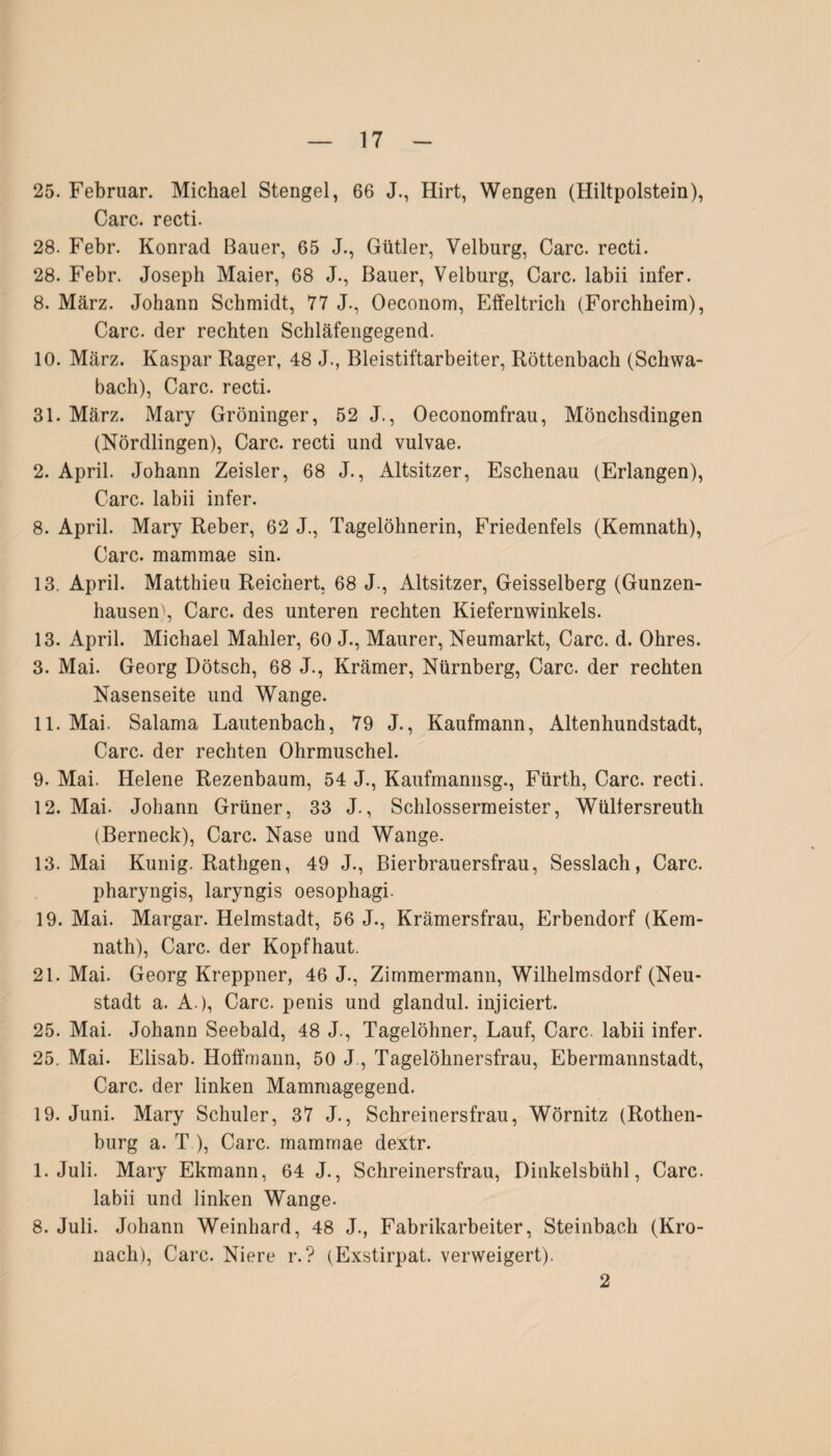 25. Februar. Michael Stengel, 66 J., Hirt, Wengen (Hiltpolstein), Care, recti. 28. Febr. Konrad Bauer, 65 J., Gütler, Velburg, Care, recti. 28. Febr. Joseph Maier, 68 J., Bauer, Velburg, Care, labii infer. 8. März. Johann Schmidt, 77 J., Oeconom, Effeltrich (Forchheim), Care, der rechten Schläfengegend. 10. März. Kaspar Rager, 48 J., Bleistiftarbeiter, Röttenbach (Schwa¬ bach), Care, recti. 31. März. Mary Gröninger, 52 J., Oeconomfrau, Mönchsdingen (Nördlingen), Care, recti und vulvae. 2. April. Johann Zeisler, 68 J., Altsitzer, Eschenau (Erlangen), Care, labii infer. 8. April. Mary Reber, 62 J., Tagelöhnerin, Friedenfels (Kemnath), Care, mammae sin. 13. April. Matthieu Reichert, 68 J., Altsitzer, Geisselberg (Günzen¬ hausen^ Care, des unteren rechten Kiefernwinkels. 13. April. Michael Mahler, 60 J., Maurer, Neumarkt, Care. d. Ohres. 3. Mai. Georg Dötsch, 68 J., Krämer, Nürnberg, Care, der rechten Nasenseite und Wange. 11. Mai. Salama Lautenbach, 79 J., Kaufmann, Altenhundstadt, Care, der rechten Ohrmuschel. 9. Mai. Helene Rezenbaum, 54 J., Kaufmannsg., Fürth, Care, recti. 12. Mai. Johann Grüner, 33 J., Schlossermeister, Wültersreuth (Berneck), Care. Nase und Wange. 13. Mai Kunig. Rathgen, 49 J., Bierbrauersfrau, Sesslach, Care. pharyngis, laryngis oesophagi. 19. Mai. Margar. Helmstadt, 56 J., Krämersfrau, Erbendorf (Kem¬ nath), Care, der Kopfhaut. 21. Mai. Georg Kreppner, 46 J., Zimmermann, Wilhelmsdorf (Neu¬ stadt a. A ), Care, penis und glandul. injiciert. 25. Mai. Johann Seebald, 48 J., Tagelöhner, Lauf, Care, labii infer. 25. Mai. Elisab. Hoffmann, 50 J, Tagelöhnersfrau, Ebermannstadt, Care, der linken Mammagegend. 19. Juni. Mary Schüler, 37 J., Schreinersfrau, Wörnitz (Rothen¬ burg a. T ), Care, mammae dextr. 1. Juli. Mary Ekmann, 64 J., Schreinersfrau, Dinkelsbühl, Care, labii und linken Wange. 8. Juli. Johann Weinhard, 48 J., Fabrikarbeiter, Steinbach (Kro- nach), Care. Niere r.? (Exstirpat. verweigert). 2