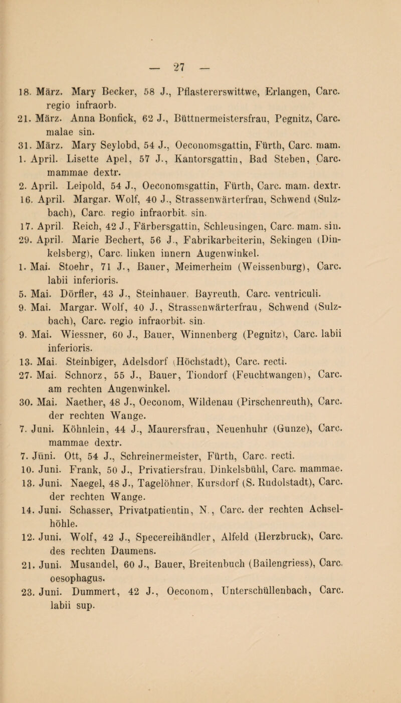 18. März. Mary Becker, 58 J., Pflastererswittwe, Erlangen, Care, regio infraorb. 21. März. Anna Bonfick, 62 J., Büttnermeistersfrau, Pegnitz, Care, malae sin. 31. März. Mary Seylobd, 54 J., Oeconomsgattin, Fürth, Care. mam. 1. April. Lisette Apel, 57 J., Kantorsgattin, Bad Steben, Care. mammae dextr. 2. April. Leipold, 54 J., Oeconomsgattin, Fürth, Care. mam. dextr. 16. April. Margar. Wolf, 40 J., Strassenwärterfrau, Schwend (Sulz¬ bach), Care, regio infraorbit. sin. 17. April. Reich, 42 J., Färbersgattin, Schleusingen, Care. mam. sin. 29. April. Marie Bechert, 56 J., Fabrikarbeiterin, Sekingen (Din¬ kelsberg), Care, linken innern Augenwinkel. 1. Mai. Stoehr, 71 J., Bauer, Meimerheim (Weissenburg), Care, labii inferioris. 5. Mai. Dörfler, 43 J., Steinhauer, Bayreuth, Care, ventriculi. 9. Mai. Margar. Wolf, 40 J., Strassenwärterfrau, Schwend (Sulz¬ bach), Care, regio infraorbit. sin. 9. Mai. Wiessner, 60 J., Bauer, Winnenberg (Pegnitz), Care, labii inferioris. 13. Mai. Steinbiger, Adelsdorf (Höchstadt), Care, recti. 27- Mai. Schnorz, 55 J., Bauer, Tiondorf (Feuchtwangen), Care, am rechten Augenwinkel. 30. Mai. Naether, 48 J., Oeconom, Wildenau (Pirschenreuth), Care. der rechten Wange. 7. Juni. Köhnlein, 44 J., Maurersfrau, Neuenhuhr (Gunze), Care, mammae dextr. 7. Jüni. Ott, 54 J., Schreinermeister, Fürth, Care, recti. 10. Juni. Frank, 50 J., Privatiersfrau, Dinkelsbühl, Care, mammae. 13. Juni. Naegel, 48 J., Tagelöhner, Kursdorf (S. Rudolstadt), Care. der rechten Wange. 14. Juni. Schasser, Privatpatientin, N., Care, der rechten Achsel¬ höhle. 12. Juni. Wolf, 42 J., Specereihändler, Alfeld (Herzbruck), Care, des rechten Daumens. 21. Juni. Musandel, 60 J., Bauer, Breitenbuch (Bailengriess), Care. Oesophagus. 23. Juni. Dummert, 42 J., Oeconom, Unterschöllenbach, Care, labii sup.