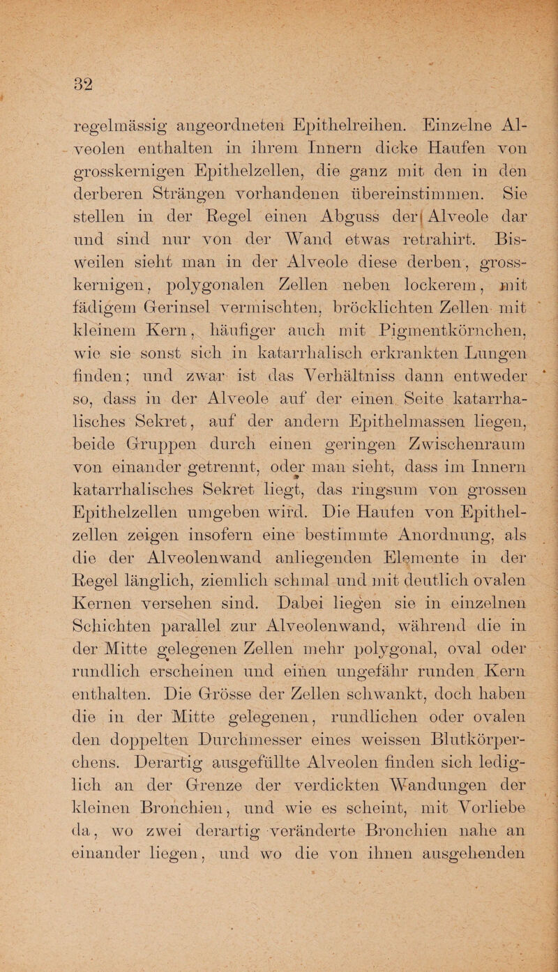 regelmässig angeordneten Epithelreihen. Einzelne Al¬ veolen enthalten in ihrem Innern dicke Haufen von grosskernigen Epithelzellen, die ganz mit den in den derberen Strängen vorhandenen übereinstimmen. Sie stellen in der Hegel einen Abguss der s Alveole dar und sind nur von der Wand etwas retrahirt. Bis¬ weilen sieht man in der Alveole diese derben, gross- kernigen, polygonalen Zellen neben lockerem, mit fädigem Gerinsel vermischten, bröcklichten Zellen mit kleinem Kern, häufiger auch mit Pigmentkörnchen, wie sie sonst sich in katarrhalisch erkrankten Lungen finden; und zwar ist das Yerhältniss dann entweder so, dass in der Alveole auf der einen Seite katarrha¬ lisches Sekret, auf der andern Epithelmassen liegen, beide Kruppen durch einen geringen Zwischenraum von einander getrennt, oder man sieht, dass irn Innern katarrhalisches Sekret liegt, das ringsum von grossen Epithelzellen umgeben wird. Die Haufen von Epithel- zellen zeigen insofern eine bestimmte Anordnung, als die der Alveolenwand anliegenden Elemente in der Kegel länglich, ziemlich schmal und mit deutlich ovalen Kernen versehen sind. Dabei liegen sie in einzelnen Schichten parallel zur Alveolenwand, während die in der Mitte gelegenen Zellen mehr polygonal, oval oder rundlich erscheinen und einen ungefähr runden Kern enthalten. Die Grösse der Zellen schwankt, doch haben die in der Mitte gelegenen, rundlichen oder ovalen den doppelten Durchmesser eines weissen Blutkörper¬ chens. Derartig ausgefüllte Alveolen finden sich ledig¬ lich an der Grenze der verdickten Wandungen der kleinen Bronchien, und wie es scheint, mit Vorliebe da, wo zwei derartig veränderte Bronchien nahe an einander liegen, und wo die von ihnen ausgehenden