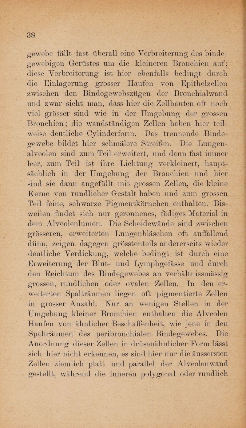 88 ge webe fällt fast überall eine Verbreiterung des binde¬ gewebigen Gerüstes um die kleineren Bronchien auf; diese Verbreiterung ist hier ebenfalls bedingt durch die Einlagerung grosser Haufen von Epithelzellen zwischen den Bindegewebsziigen der Bronchialwand und zwar sieht man, dass hier die Zellhaufen oft noch viel grösser sind wie in der Umgebung der grossen Bronchien; die wandständigen Zellen haben hier teil¬ weise deutliche Cylinderform. Das trennende Binde¬ gewebe bildet hier schmälere Streifen. Die Lungen¬ alveolen sind zum Teil erweitert, und dann fast immer leer, zum Teil ist ihre Lichtung verkleinert, haupt¬ sächlich in der Umgebung der Bronchien und hier sind sie dann angefüllt mit grossen Zellen^ die kleine Kerne von rundlicher Gestalt haben und zum grossen Teil feine, schwarze Pigmentkörnchen enthalten. Bis¬ weilen findet sich nur geronnenes, fähiges Material in dem Alveolenlumen. Die Scheidewände sind zwischen grösseren, erweiterten Lungenbläschen oft auffallend dünn, zeigen dagegen grösstenteils andererseits wieder deutliche Verdickung, welche bedingt ist durch eine Erweiterung der Blut- und Lymphgefässe und durch den Reichtum des Bindegewebes an verhältnissmässig grossen, rundlichen oder ovalen Zellen. In den er¬ weiterten Spalträumen liegen oft pigmentierte Zellen in grosser Anzahl. Kur an wenigen Stellen in der Umgebung kleiner Bronchien enthalten die Alveolen Haufen von ähnlicher Beschaffenheit, wie jene in den Spalträumen des peribronchialen Bindegewebes. Die Anordnung dieser Zellen in drüsenähnlicher Form lässt sich hier nicht erkennen, es sind hier nur die äussersten Zellen ziemlich platt und parallel der Alveolenwand gestellt, während die inneren polygonal oder rundlich