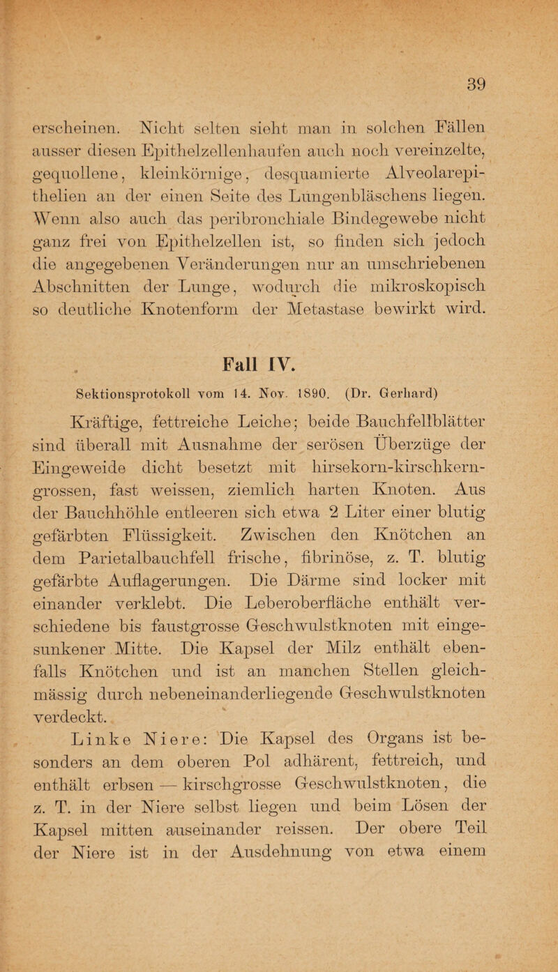 # 39 erscheinen. Nicht selten sieht man in solchen Fällen ausser diesen Epithelzellenhaufen auch noch vereinzelte, gequollene, kleinkörnige, desquamierte Alveolarepi- thelien au der einen Seite des Lungenbläschens liegen. Wenn also auch das peribronchiale Bindegewebe nicht ganz frei von Epithelzellen ist, so finden sich jedoch die angegebenen Veränderungen nur an umschriebenen Abschnitten der Lunge, wodurch die mikroskopisch so deutliche Knotenform der Metastase bewirkt wird. Fall IV. Sektionsprotokoll vom 14. Nov. 1890. (Dr. Gerhard) Kräftige, fettreiche Leiche; beide Bauchfellblätter sind überall mit Ausnahme der serösen Überzüge der Eingeweide dicht besetzt mit hirsekorn-kirschkern¬ grossen, fast weissen, ziemlich harten Knoten. Aus der Bauchhöhle entleeren sich etwa 2 Liter einer blutig gefärbten Flüssigkeit. Zwischen den Knötchen an dem Parietalbauchfell frische, fibrinöse, z. T. blutig- gefärbte Auflagerungen. Die Därme sind locker mit einander verklebt. Die Leberoberfläche enthält ver¬ schiedene bis faustgrosse Geschwulstknoten mit einge¬ sunkener Mitte. Die Kapsel der Milz enthält eben¬ falls Knötchen und ist an manchen Stellen gleich- mässig durch nebeneinanderliegende Geschwulstknoten verdeckt. Linke Niere: Die Kapsel des Organs ist be¬ sonders an dem oberen Pol adhärent, fettreich, und enthält erbsen — kirschgrosse Geschwulstknoten, die z. T. in der Niere selbst liegen und beim Lösen der Kapsel mitten auseinander reissen. Der obere Teil der Niere ist in der Ausdehnung von etwa einem