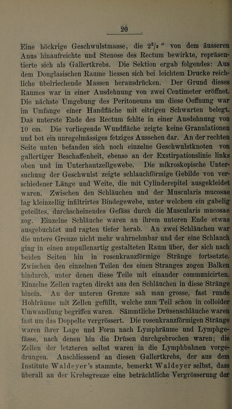 Eine höckrige Geschwulstmasse, die 22/a  von dem äusseren Anus hinaufreichte und Stenose des Rectum bewirkte, repräsen¬ tierte sich als Gallertkrebs. Die Sektion ergab folgendes: Aus dem Douglasischen Raume Hessen sich bei - leichtem Drucke reich¬ liche übelriechende Massen herausdrücken. Der Grund dieses Raumes war in einer Ausdehnung von zwei Centimeter eröffnet. Die nächste Umgebung des Peritoneums um diese Oeffnung war im Umfange einer Handfläche mit eitrigen Schwarten belegt. Das unterste Ende des Rectum fehlte in einer Ausdehnung von 10 cm. Die vorliegende Wundfläche zeigte keine Granulationen und bot ein unregelmässiges fetziges Aussehen dar. An der rechten Seite unten befanden sich noch einzelne Geschwulstknoten von gallertiger Beschaffenheit, ebenso an der Exstirpationslinie links oben und im Unterhautzellgewebe. Die mikroskopische Unter¬ suchung der Geschwulst zeigte schlauchförmige Gebilde von ver¬ schiedener Länge und Weite, die mit Cylinderepitel ausgekleidet waren. Zwischen den Schläuchen und der Muscularis mucosae lag kleinzellig infiltrirtes Bindegewebe, unter welchem ein gabelig geteiltes, durchscheinendes Gefäss durch die Muscularis mucosae zog. Einzelne Schläuche waren an ihrem unteren Ende etwas ausgebuchtet und ragten tiefer herab. An zwei Schläuchen war die untere Grenze nicht mehr wahrnehmbar und der eine Schlauch ging in einen am pullen artig gestalteten Raum über, der sich nach beiden Seiten hin in rosenkranzförmige Stränge fortsetzte. Zwischen den einzelnen Teilen des einen Stranges zogen Balken hindurch, unter denen diese Teile mit einander communicirten. Einzelne Zellen ragten direkt aus den Schläuchen in diese Stränge hinein. An der unteren Grenze sah man grosse, fast runde Hohlräume mit Zellen gefüllt, welche zum Teil schon in colloider Umwandlung begriffen waren. Sämmtliche Drüsenschläuche waren fast um das Doppelte vergrössert. Die rosenkranzförmigen Stränge waren ihrer Lage und Form nach Lymphräume und Lymphge- fässe, nach denen hin die Drüsen durchgebrochen waren; die Zellen der letzteren selbst waren in die Lymphbahnen vorge¬ drungen. Anschliessend an diesen Gallertkrebs, der aus dem Institute Waldeyer’s stammte, bemerkt Waldeyer selbst, dass überall an der Krebsgrenze eine beträchtliche Yergrösserung der