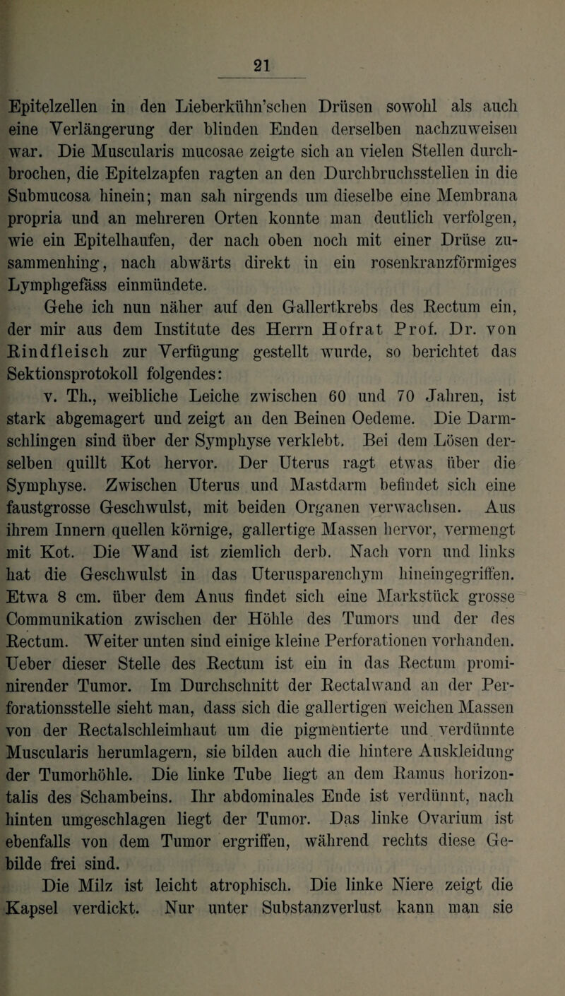 Epitelzellen in den Lieberkühn’schen Drüsen sowohl als auch eine Verlängerung der blinden Enden derselben nachzuweisen war. Die Muscularis mucosae zeigte sich an vielen Stellen durch¬ brochen, die Epitelzapfen ragten an den Durchbruchsstellen in die Submucosa hinein; man sah nirgends um dieselbe eine Membrana propria und an mehreren Orten konnte man deutlich verfolgen, wie ein Epitelhaufen, der nach oben noch mit einer Drüse zu¬ sammenhing , nach abwärts direkt in ein rosenkranzförmiges Lymphgefäss einmündete. Gehe ich nun näher auf den Gallertkrebs des Rectum ein, der mir aus dem Institute des Herrn Hofrat Prof. Dr. von Rindfleisch zur Verfügung gestellt wurde, so berichtet das Sektionsprotokoll folgendes: v. Th., weibliche Leiche zwischen 60 und 70 Jahren, ist stark abgemagert und zeigt an den Beinen Oedeme. Die Darm¬ schlingen sind über der Symphyse verklebt. Bei dem Lösen der¬ selben quillt Kot hervor. Der Uterus ragt etwas über die Symphyse. Zwischen Uterus und Mastdarm befindet sich eine faustgrosse Geschwulst, mit beiden Organen verwachsen. Aus ihrem Innern quellen körnige, gallertige Massen hervor, vermengt mit Kot. Die Wand ist ziemlich derb. Nach vorn und links hat die Geschwulst in das Uterusparenchym hineingegriffen. Etwa 8 cm. über dem Anus findet sich eine Markstück grosse Communikation zwischen der Höhle des Tumors und der des Rectum. Weiter unten sind einige kleine Perforationen vorhanden. Ueber dieser Stelle des Rectum ist ein in das Rectum promi- nirender Tumor. Im Durchschnitt der Rectalwand an der Per¬ forationsstelle sieht man, dass sich die gallertigen weichen Massen von der Rectalschleimhaut um die pigmentierte und verdünnte Muscularis herumlagern, sie bilden auch die hintere Auskleidung der Tumorhöhle. Die linke Tube liegt an dem Ramus horizon- talis des Schambeins. Ihr abdominales Ende ist verdünnt, nach hinten umgeschlagen liegt der Tumor. Das linke Ovarium ist ebenfalls von dem Tumor ergriffen, während rechts diese Ge¬ bilde frei sind. Die Milz ist leicht atrophisch. Die linke Niere zeigt die Kapsel verdickt. Nur unter Substanzverlust kann man sie