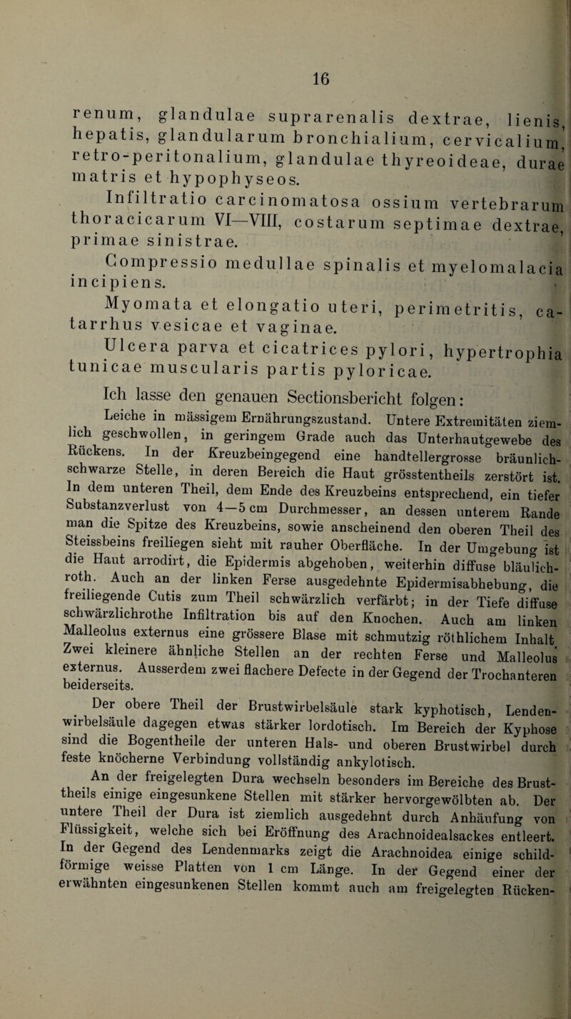 renum, glandulae suprarenalis dextrae, lienis, hepatis, glandularum bronchialium, cervicalium* retro-peritonalium, glandulae thyreoideae, durae matris et hypophyseos. Infiltratio carcinomatosa ossiuni vertebrarum thoracicarum VI VIII, costarum septimae dextrae, primae sinistrae. Gompressio medullae spinalis et myelomalacia i n c i p i e n s. Myomata et elongatio uteri, perimetritis, ca- tarrhus vesicae et vaginae. Ulcera parva et cicatrices pylori, hypertrophia tunicae muscularis partis pyloricae. Ich lasse den genauen Sectionsbericht folgen: Leiche in massigem Ernährungszustand. Untere Extremitäten ziem¬ lich geschwollen, in geringem Grade auch das Unterhautgewebe des Rückens. In der Kreuzbeingegend eine handtellergrosse bräunlich¬ schwarze Stelle, in deren Bereich die Haut grösstentheils zerstört ist. ln dem unteren Theil, dem Ende des Kreuzbeins entsprechend, ein tiefer Substanzverlust von 4—5 cm Durchmesser, an dessen unterem Rande man die Spitze des Kreuzbeins, sowie anscheinend den oberen Theil des Steissbeins freiliegen sieht mit rauher Oberfläche. In der Umgebung ist die Haut arrodirt, die Epidermis abgehoben, weiterhin diffuse bläulich- roth. Auch an der linken Ferse ausgedehnte Epidermisabhebung, die freiliegende Cutis zum Theil schwärzlich verfärbt; in der Tiefe diffuse schwärzlichrotlie Infiltration bis auf den Knochen. Auch am linken Malleolus externus eine grössere Blase mit schmutzig röthlichem Inhalt Zwei kleinere ähnliche Stellen an der rechten Ferse und Malleolus externus. Ausserdem zwei flachere Defecte in der Gegend der Trochanteren beiderseits. Der obere Theil der Brustwirbelsäule stark kyphotisch, Lenden¬ wirbelsäule dagegen etwas stärker lordotisch. Im Bereich der Kyphose sind die Bogentheile der unteren Hals- und oberen Brustwirbel durch feste knöcherne Verbindung vollständig ankylotisch. An der freigelegten Dura wechseln besonders im Bereiche des Brust- theils einige eingesunkene Stellen mit stärker hervorgewölbten ab. Der untere Theil der Dura ist ziemlich ausgedehnt durch Anhäufung von IBissigkeit, welche sich bei Eröffnung des Arachnoidealsackes entleert. In der Gegend des Lendenmarks zeigt die Arachnoidea einige schild¬ förmige weisse Platten von 1 cm Länge. In der Gegend einer der erwähnten eingesunkenen Stellen kommt auch am freigelegten Rücken-