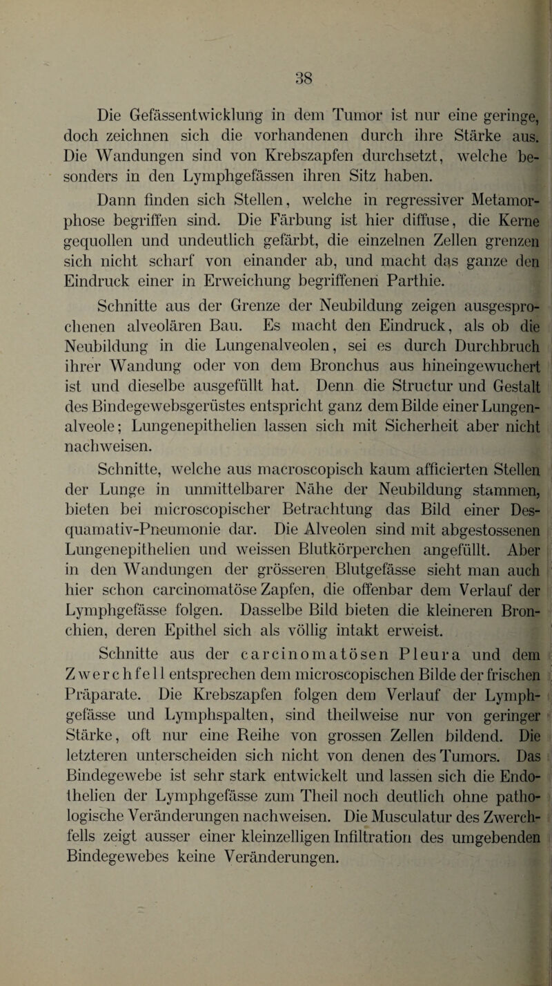 Die Gefässentwicklung in dem Tumor ist nur eine geringe, doch zeichnen sich die vorhandenen durch ihre Stärke aus. Die Wandungen sind von Krebszapfen durchsetzt, welche be¬ sonders in den Lymphgefässen ihren Sitz haben. Dann finden sich Stellen, welche in regressiver Metamor¬ phose begriffen sind. Die Färbung ist hier diffuse, die Kerne gequollen und undeutlich gefärbt, die einzelnen Zellen grenzen sich nicht scharf von einander ab, und macht das ganze den Eindruck einer in Erweichung begriffenen Parthie. Schnitte aus der Grenze der Neubildung zeigen ausgespro¬ chenen alveolären Bau. Es macht den Eindruck, als ob die Neubildung in die Lungenalveolen, sei es durch Durchbruch ihrer Wandung oder von dem Bronchus aus hineingewuchert ist und dieselbe ausgefüllt hat. Denn die Structur und Gestalt des Bindegewebsgerüstes entspricht ganz dem Bilde einer Lungen¬ alveole; Lungenepithelien lassen sich mit Sicherheit aber nicht nachweisen. Schnitte, welche aus macroscopisch kaum afficierten Stellen der Lunge in unmittelbarer Nähe der Neubildung stammen, bieten bei microscopischer Betrachtung das Bild einer Des- quamativ-Pneumonie dar. Die Alveolen sind mit abgestossenen Lungenepithelien und weissen Blutkörperchen angefüllt. Aber in den Wandungen der grösseren Blutgefässe sieht man auch hier schon carcinomatöse Zapfen, die offenbar dem Verlauf der Lymphgefässe folgen. Dasselbe Bild bieten die kleineren Bron¬ chien, deren Epithel sich als völlig intakt erweist. Schnitte aus der carcinomatösen Pleura und dem Zwerchfell entsprechen dem microscopischen Bilde der frischen Präparate. Die Krebszapfen folgen dem Verlauf der Lymph¬ gefässe und Lymphspalten, sind theilweise nur von geringer Stärke, oft nur eine Reihe von grossen Zellen bildend. Die letzteren unterscheiden sich nicht von denen des Tumors. Das Bindegewebe ist sehr stark entwickelt und lassen sich die Endo- 1 heben der Lymphgefässe zum Theil noch deutlich ohne patho¬ logische Veränderungen nachweisen. Die Musculatur des Zwerch¬ fells zeigt ausser einer kleinzelligen Infiltration des umgebenden Bindegewebes keine Veränderungen.