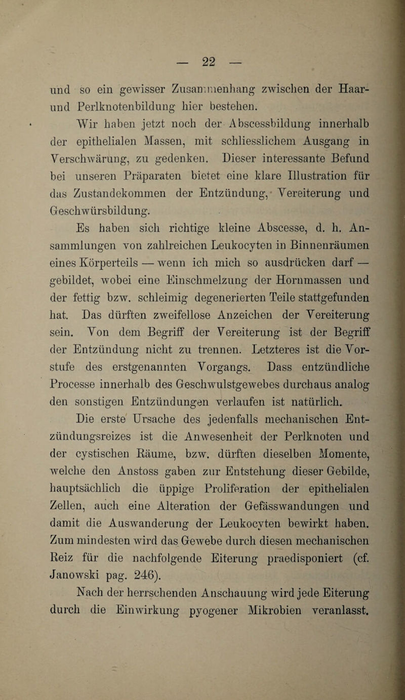 und so ein gewisser Zusammenhang zwischen der Haar- und Perlknotenbildung hier bestehen. Wir haben jetzt noch der Abscessbildung innerhalb der epithelialen Massen, mit schliesslichem Ausgang in Verschwärung, zu gedenken. Dieser interessante Befund bei unseren Präparaten bietet eine klare Illustration für das Zustandekommen der Entzündung, Vereiterung und Geschwürsbildung. Es haben sich richtige kleine Abscesse, d. h. An¬ sammlungen von zahlreichen Leukocyten in Binnenräumen eines Körperteils — wenn ich mich so ausdrücken darf — gebildet, wobei eine Einschmelzung der Hornmassen und der fettig bzw. schleimig degenerierten Teile stattgefunden hat. Das dürften zweifellose Anzeichen der Vereiterung sein. Von dem Begriff der Vereiterung ist der Begriff der Entzündung nicht zu trennen. Letzteres ist die Vor¬ stufe des erstgenannten Vorgangs. Dass entzündliche Processe innerhalb des Geschwulstgewebes durchaus analog den sonstigen Entzündungen verlaufen ist natürlich. Die erste Ursache des jedenfalls mechanischen Ent¬ zündungsreizes ist die Anwesenheit der Perlknoten und der cystischen Bäume, bzw. dürften dieselben Momente, welche den Anstoss gaben zur Entstehung dieser Gebilde, hauptsächlich die üppige Proliferation der epithelialen Zellen, auch eine Alteration der G-efässwandungen und damit die Auswanderung der Leukocyten bewirkt haben. Zum mindesten wird das Gewebe durch diesen mechanischen Reiz für die nachfolgende Eiterung praedisponiert (cf. Janowski pag. 246). Nach der herrschenden Anschauung wird jede Eiterung durch die Einwirkung pyogener Mikrobien veranlasst.