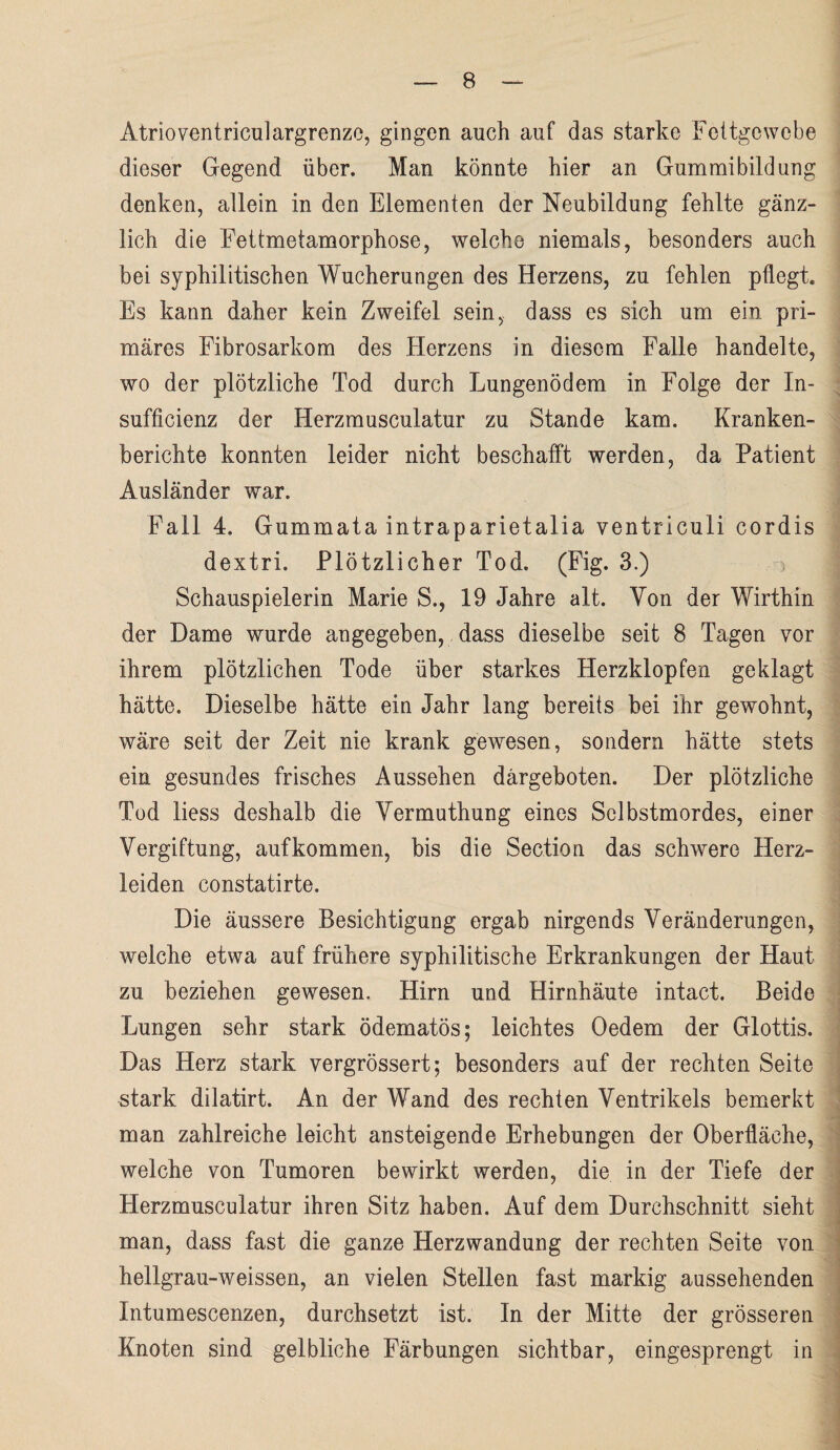 Atrioventriculargrenzc, gingen auch auf das starke Fettgewebe dieser Gegend über. Man könnte hier an Gummibildung denken, allein in den Elementen der Neubildung fehlte gänz¬ lich die Fettmetamorphose, welche niemals, besonders auch bei syphilitischen Wucherungen des Herzens, zu fehlen pflegt. Es kann daher kein Zweifel sein, dass es sich um ein pri¬ märes Fibrosarkom des Herzens in diesem Falle handelte, wo der plötzliche Tod durch Lungenödem in Folge der In- sufficienz der ITerzmusculatur zu Stande kam. Kranken¬ berichte konnten leider nicht beschafft werden, da Patient Ausländer war. Fall 4. Gummata intraparietalia ventriculi cordis dextri. Plötzlicher Tod. (Fig. 3.) ) Schauspielerin Marie S., 19 Jahre alt. Von der Wirthin der Dame wurde angegeben, dass dieselbe seit 8 Tagen vor ihrem plötzlichen Tode über starkes Herzklopfen geklagt hätte. Dieselbe hätte ein Jahr lang bereits bei ihr gewohnt, wäre seit der Zeit nie krank gewesen, sondern hätte stets ein gesundes frisches Aussehen därgeboten. Der plötzliche Tod liess deshalb die Vermuthung eines Selbstmordes, einer Vergiftung, auf kommen, bis die Sectio n das schwere Herz¬ leiden constatirte. Die äussere Besichtigung ergab nirgends Veränderungen, welche etwa auf frühere syphilitische Erkrankungen der Haut zu beziehen gewesen. Hirn und Hirnhäute intact. Beide Lungen sehr stark ödematös; leichtes Oedem der Glottis. Das Herz stark vergrössert; besonders auf der rechten Seite stark dilatirt. An der Wand des rechten Ventrikels bemerkt man zahlreiche leicht ansteigende Erhebungen der Oberfläche, welche von Tumoren bewirkt werden, die in der Tiefe der Herzmusculatur ihren Sitz haben. Auf dem Durchschnitt sieht man, dass fast die ganze Herzwandung der rechten Seite von hellgrau-weissen, an vielen Stellen fast markig aussehenden Intumescenzen, durchsetzt ist. In der Mitte der grösseren Knoten sind gelbliche Färbungen sichtbar, eingesprengt in
