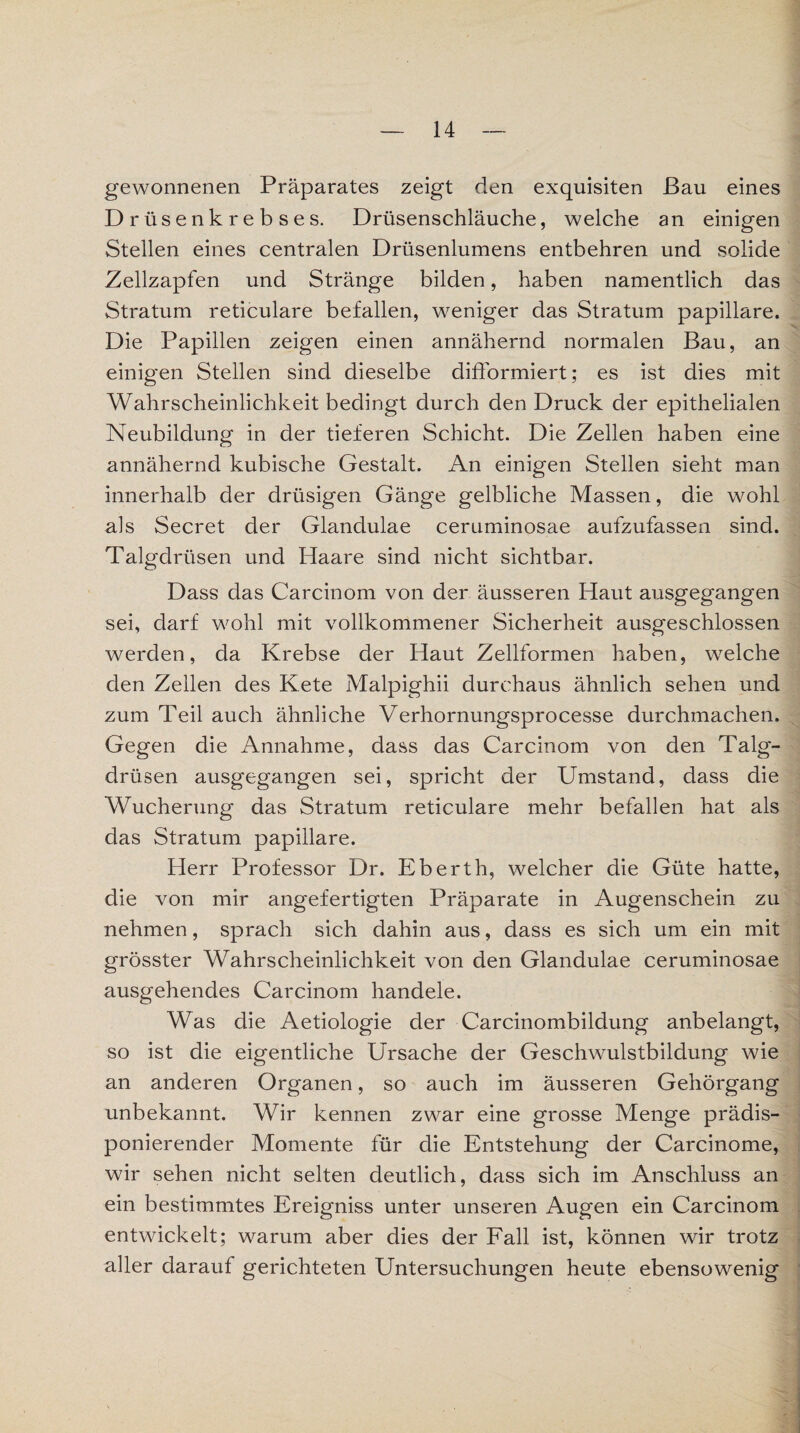 gewonnenen Präparates zeigt den exquisiten Bau eines Drüsen krebse s. Drüsenschläuche, welche an einigen Stellen eines centralen Drüsenlumens entbehren und solide Zellzapfen und Stränge bilden, haben namentlich das Stratum reticulare befallen, weniger das Stratum papillare. Die Papillen zeigen einen annähernd normalen Bau, an einigen Stellen sind dieselbe difformiert; es ist dies mit Wahrscheinlichkeit bedingt durch den Druck der epithelialen Neubildung in der tieferen Schicht. Die Zellen haben eine annähernd kubische Gestalt. An einigen Stellen sieht man innerhalb der drüsigen Gänge gelbliche Massen, die wohl als Secret der Glandulae ceruminosae aufzufassen sind. Talgdrüsen und Haare sind nicht sichtbar. Dass das Carcinom von der äusseren Haut ausgegangen sei, darf wohl mit vollkommener Sicherheit ausgeschlossen werden, da Krebse der Haut Zellformen haben, welche den Zellen des Kete Malpighii durchaus ähnlich sehen und zum Teil auch ähnliche Verhornungsprocesse durchmachen. Gegen die Annahme, dass das Carcinom von den Talg¬ drüsen ausgegangen sei, spricht der Umstand, dass die Wucherung das Stratum reticulare mehr befallen hat als das Stratum papillare. Herr Professor Dr. Eberth, welcher die Güte hatte, die von mir angefertigten Präparate in Augenschein zu nehmen, sprach sich dahin aus, dass es sich um ein mit grösster Wahrscheinlichkeit von den Glandulae ceruminosae ausgehendes Carcinom handele. Was die Aetiologie der Carcinombildung anbelangt, so ist die eigentliche Ursache der Geschwulstbildung wie an anderen Organen, so auch im äusseren Gehörgang unbekannt. Wir kennen zwar eine grosse Menge prädis¬ ponierender Momente für die Entstehung der Carcinome, wir sehen nicht selten deutlich, dass sich im Anschluss an ein bestimmtes Ereigniss unter unseren Augen ein Carcinom entwickelt; warum aber dies der Fall ist, können wir trotz aller darauf gerichteten Untersuchungen heute ebensowenig